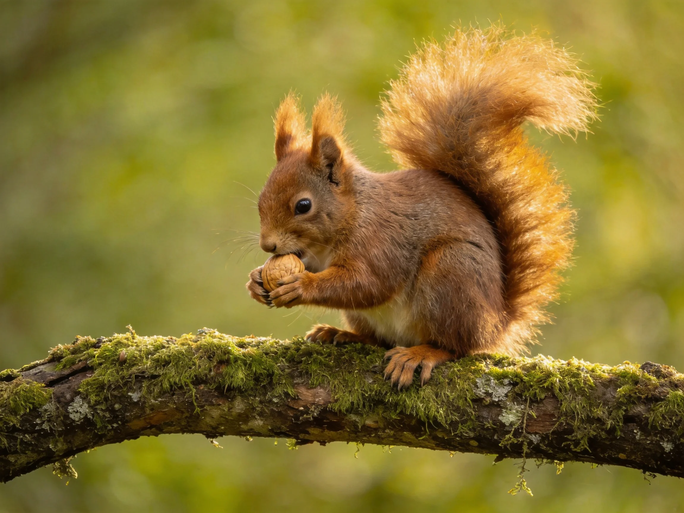 A squirrel eats a nut while perched on a mossy branch.