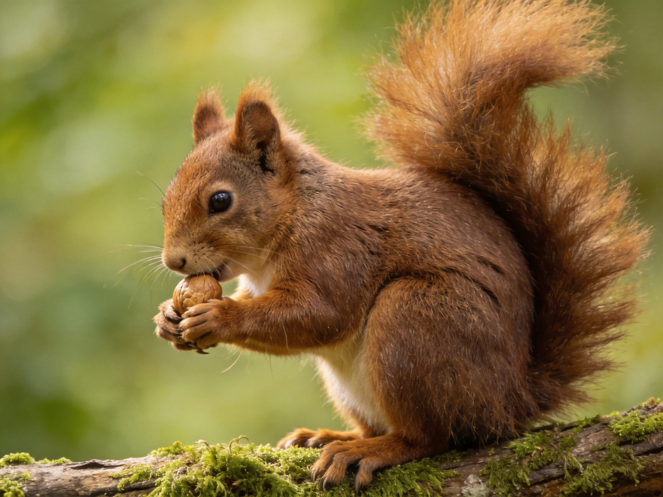A reddish-brown squirrel nibbles a nut on a moss-covered branch