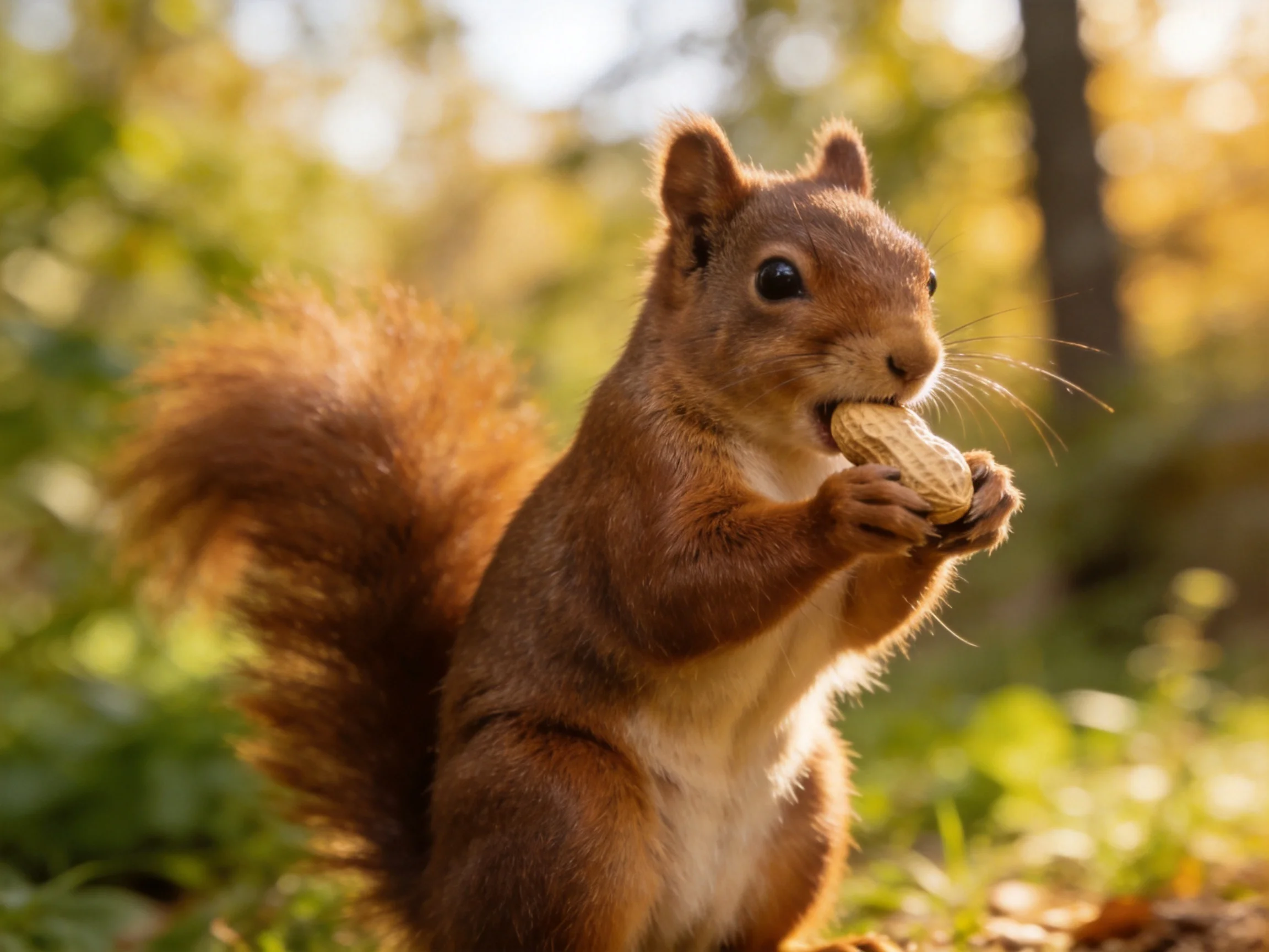A reddish-brown squirrel eats a peanut outdoors among greenery.