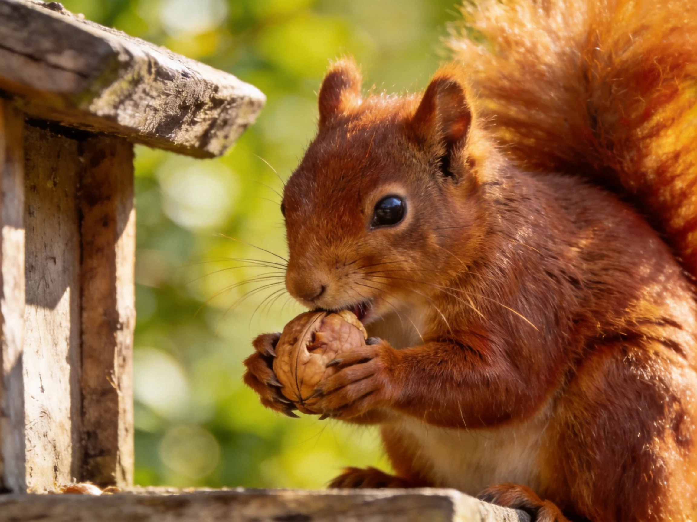 A reddish-brown squirrel nibbles a walnut near a weathered wooden structure