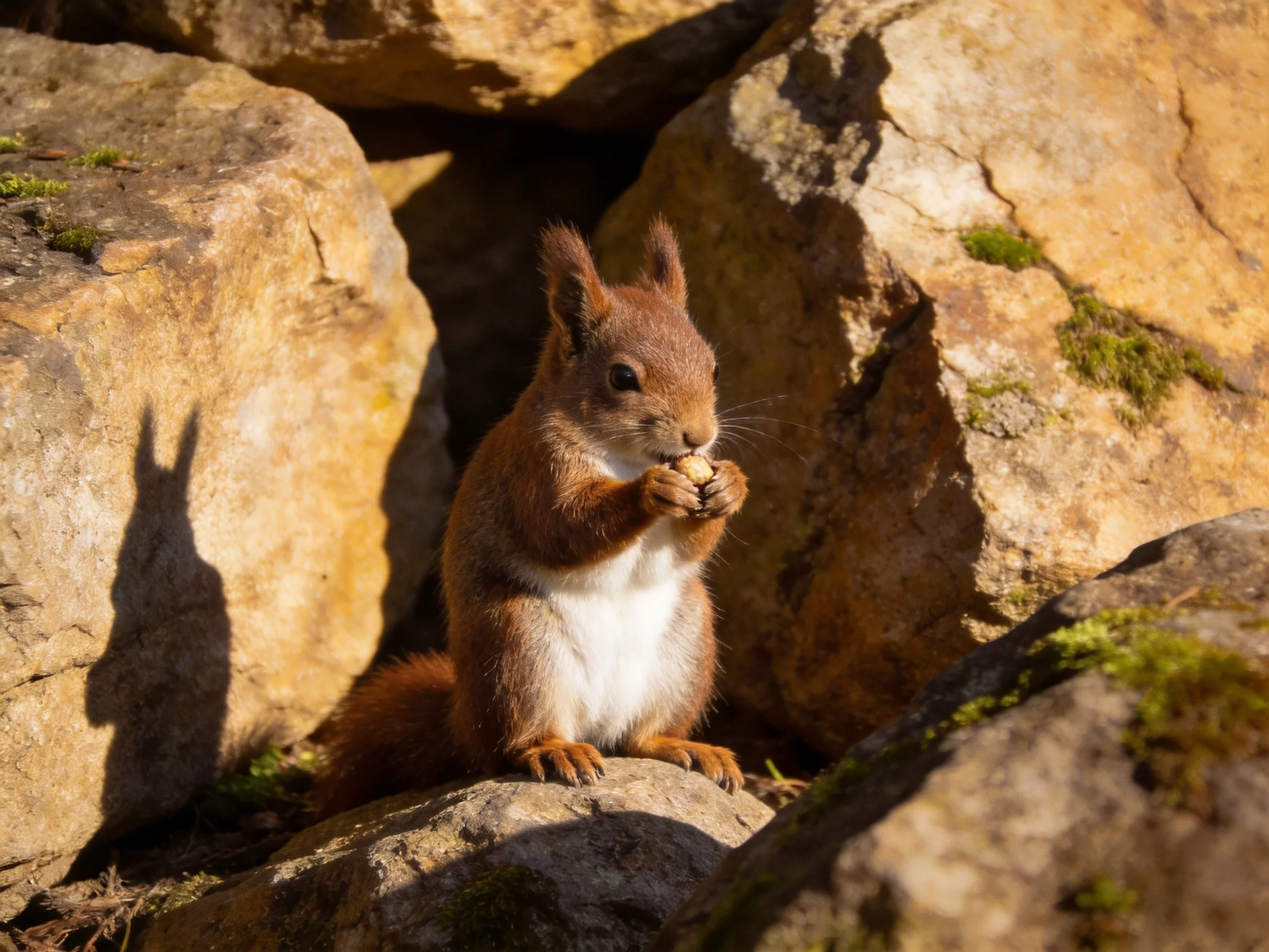 A reddish-brown squirrel nibbles amid large mossy rocks