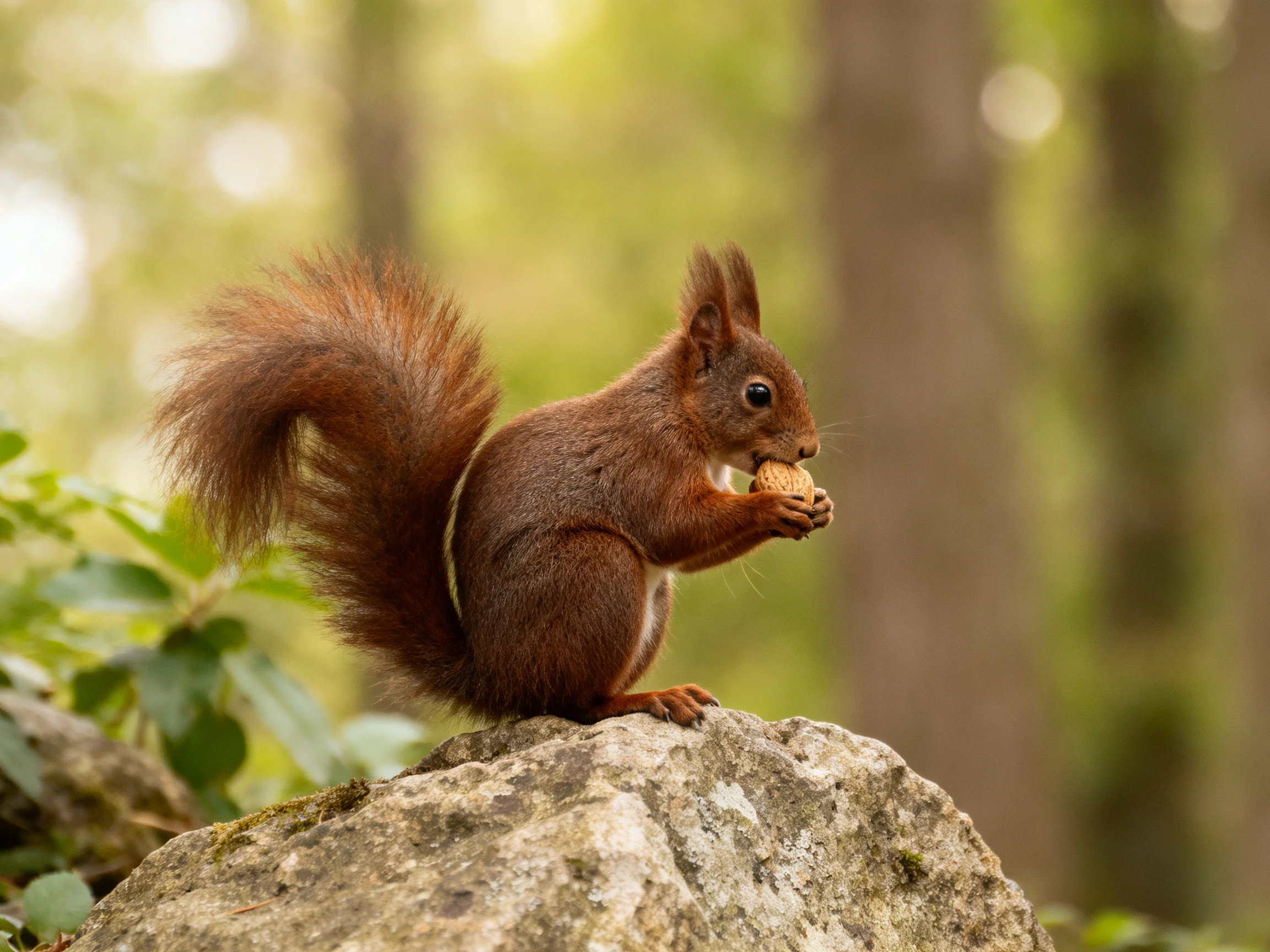 A reddish-brown squirrel nibbles nut on mossy forest rock