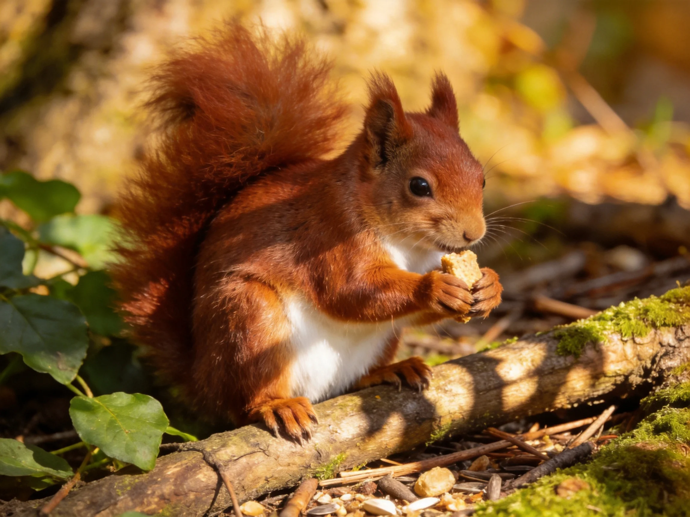 A reddish-brown squirrel nibbles on food near mossy forest debris