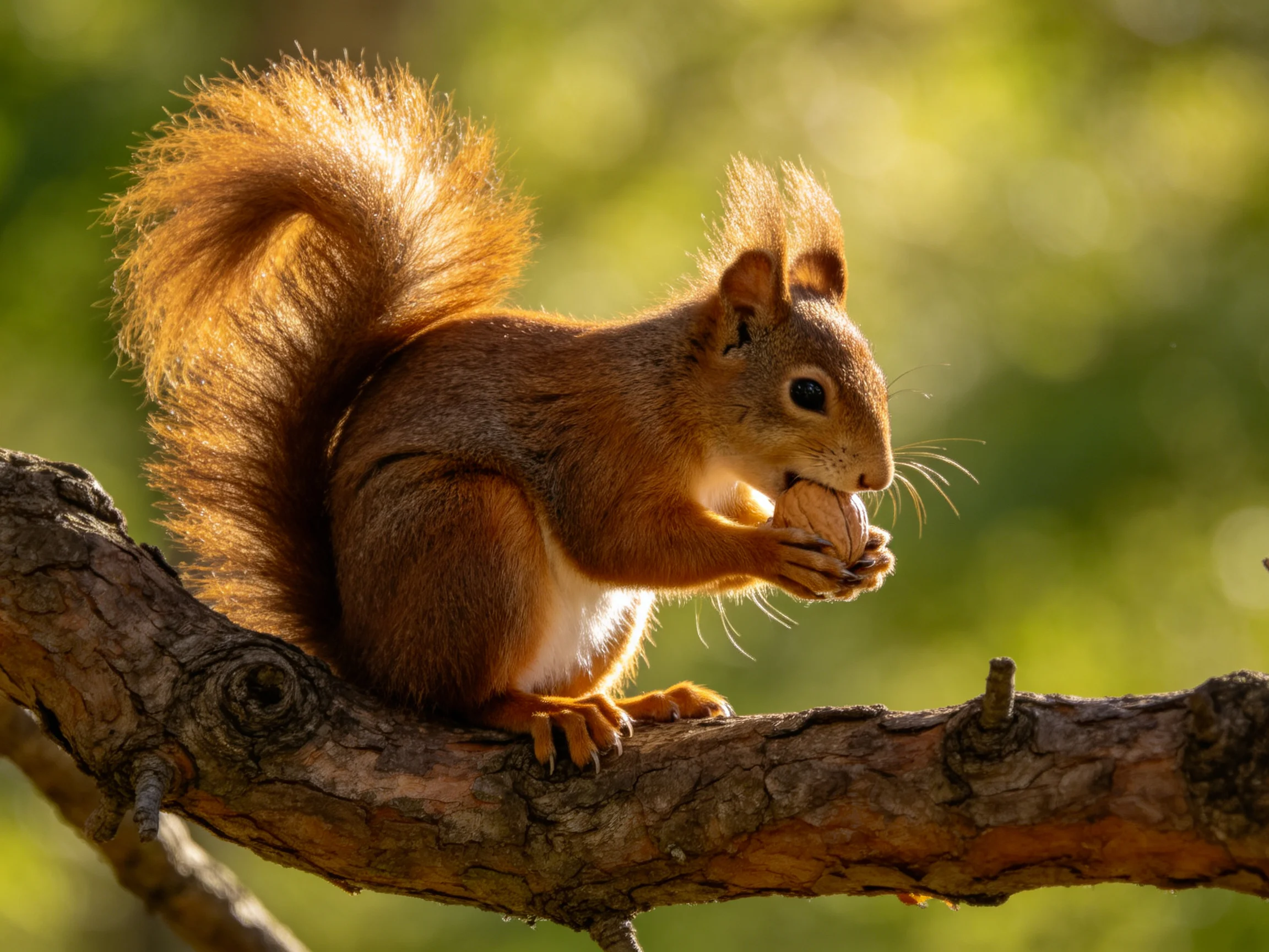 A reddish-brown squirrel nibbling a nut on a gnarled tree branch