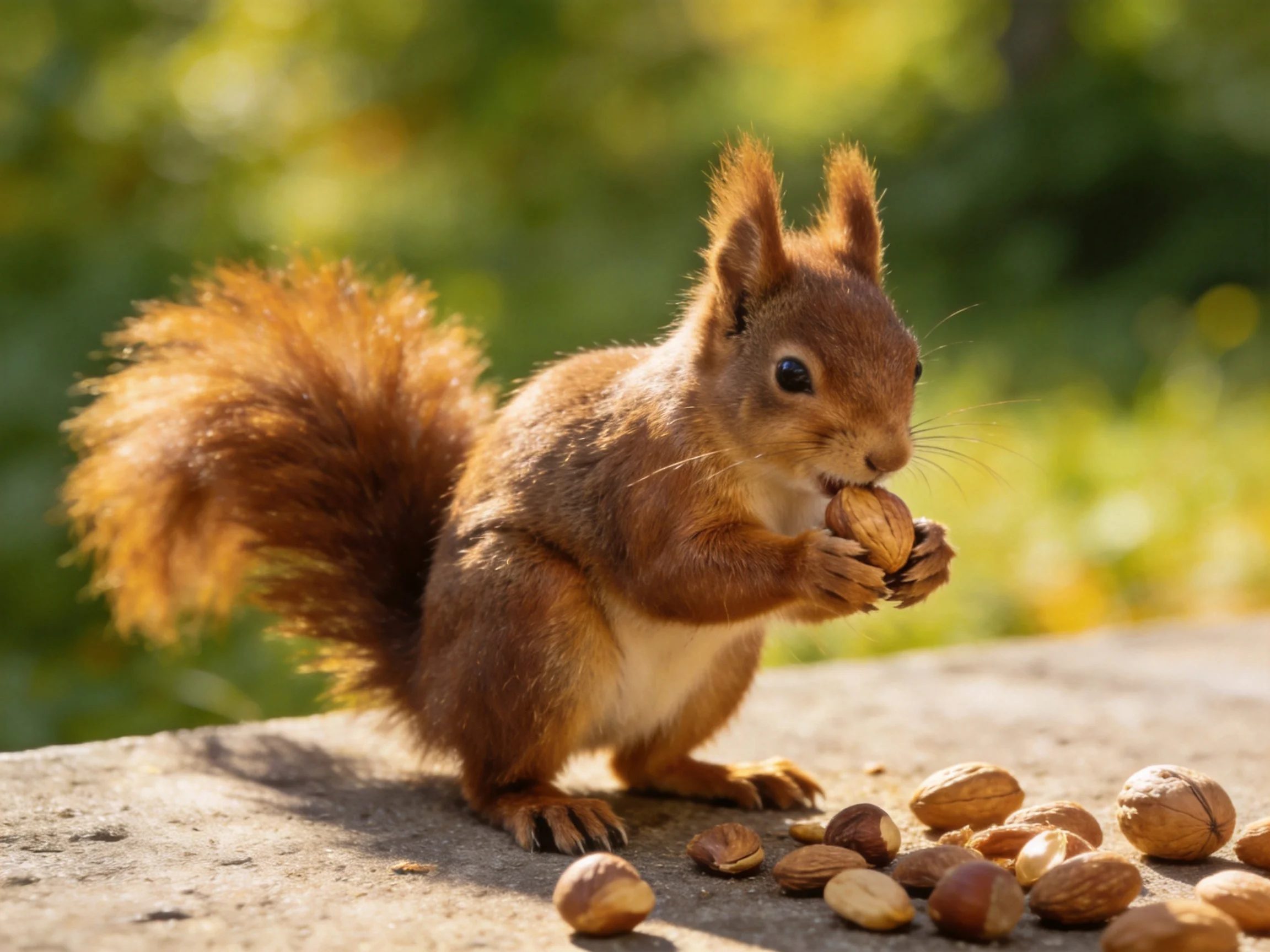 A reddish-brown squirrel nibbling nuts on a stone surface