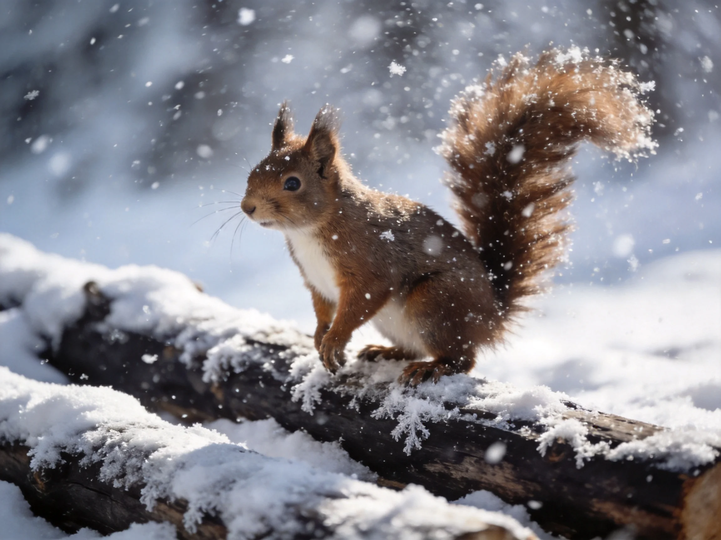 A reddish - brown squirrel on a snow - covered log amidst falling snowflakes