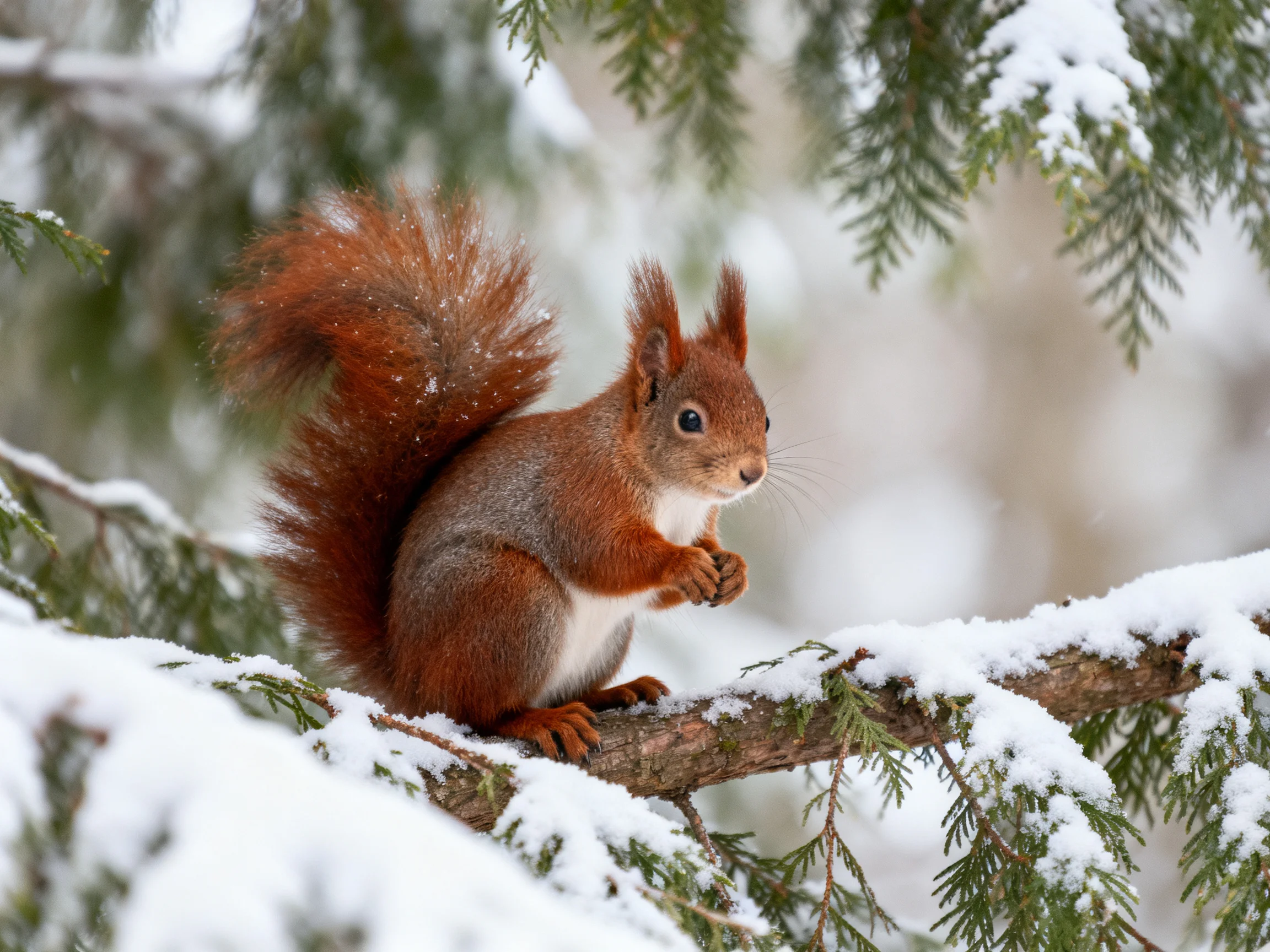 A reddish-brown squirrel on a snow-dusted evergreen branch