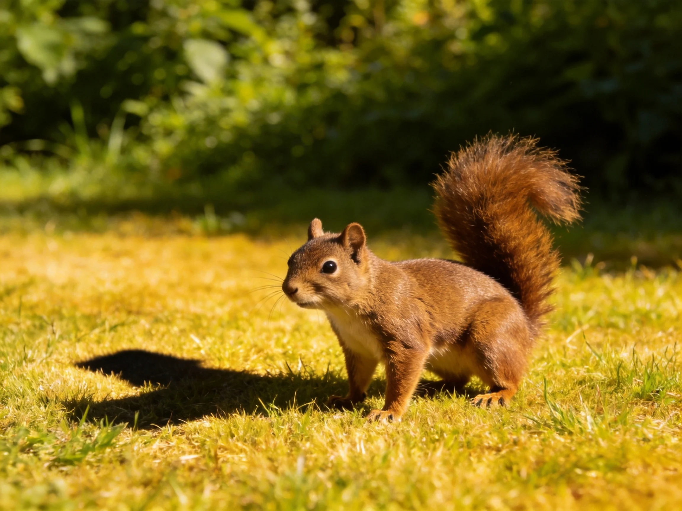 A reddish-brown squirrel on sunlit yellow-green grass near dense greenery