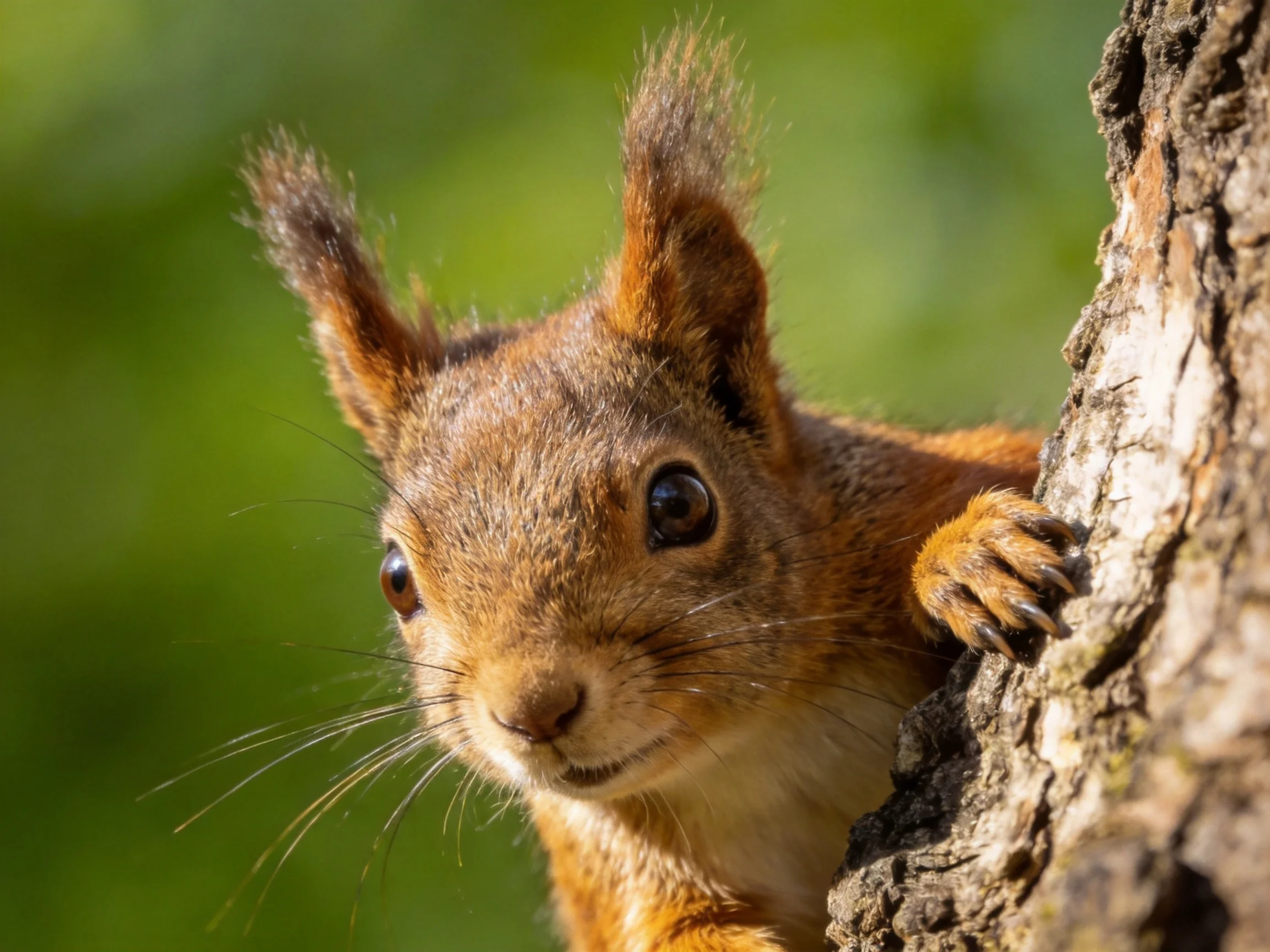 A reddish-brown squirrel peeks from behind a textured tree trunk