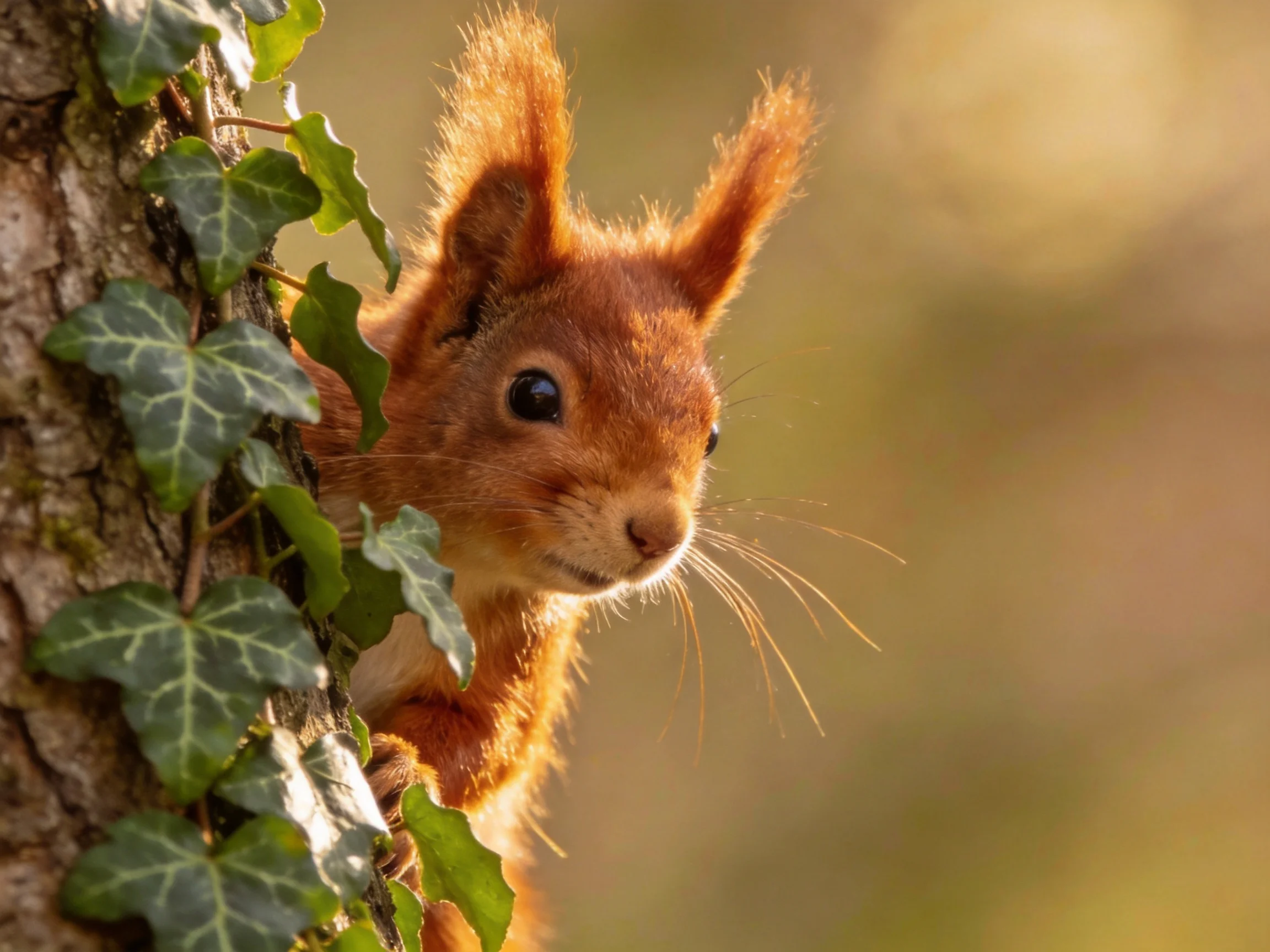 A reddish-brown squirrel peeks from behind ivy near a tree trunk.