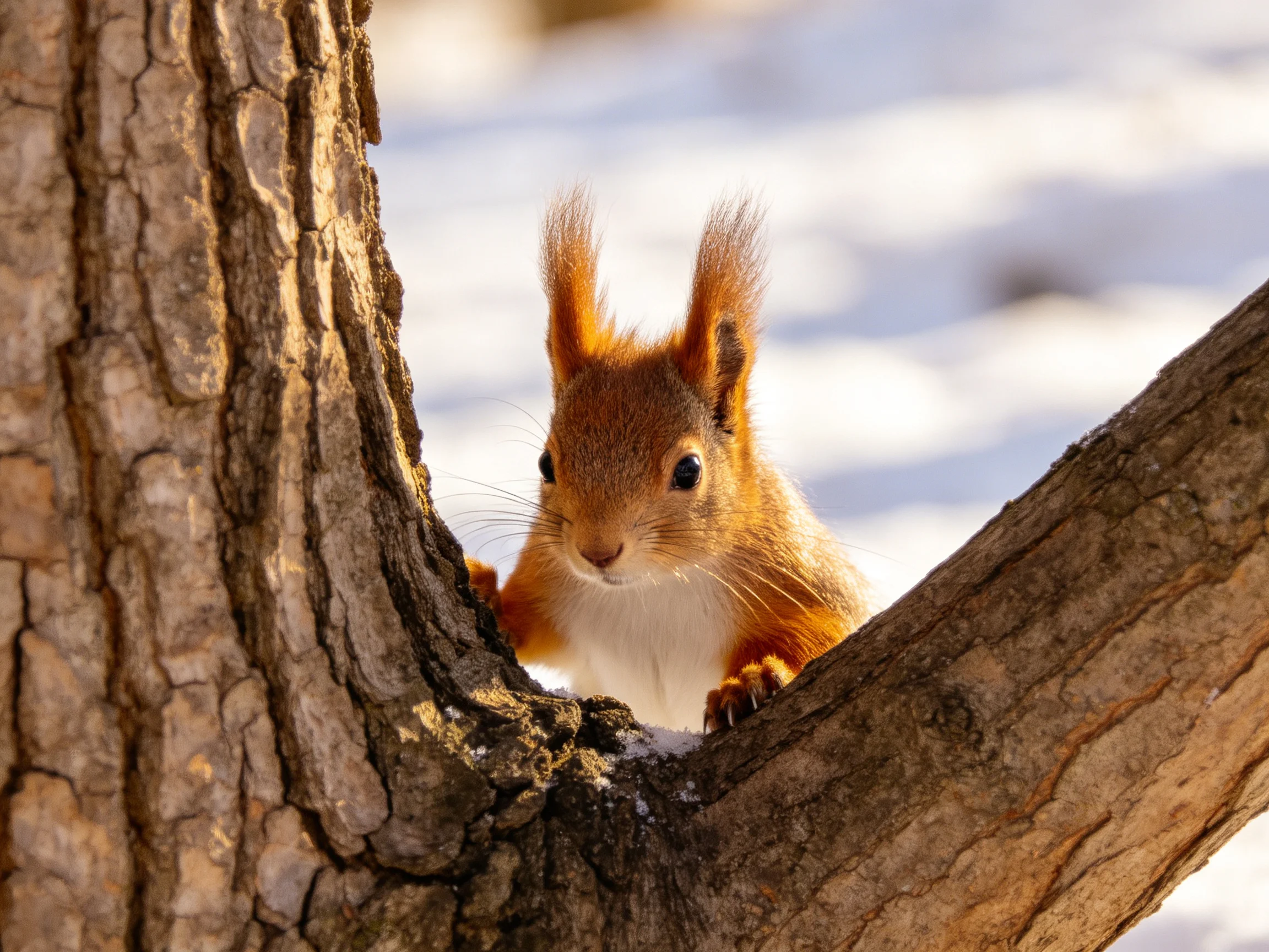 A reddish-brown squirrel peeks near a gnarled tree trunk and branch.
