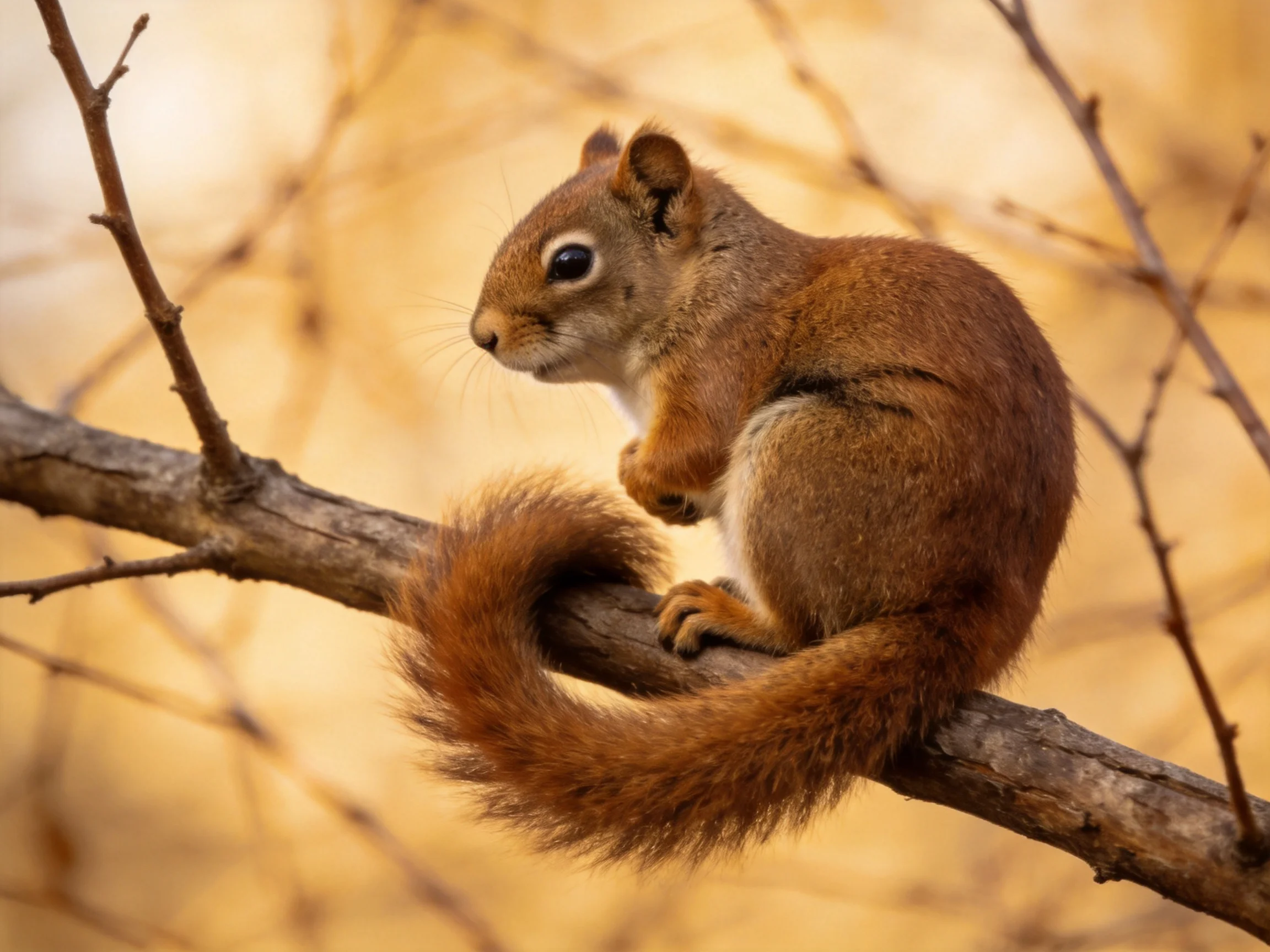 A reddish - brown squirrel perched on a bare tree branch