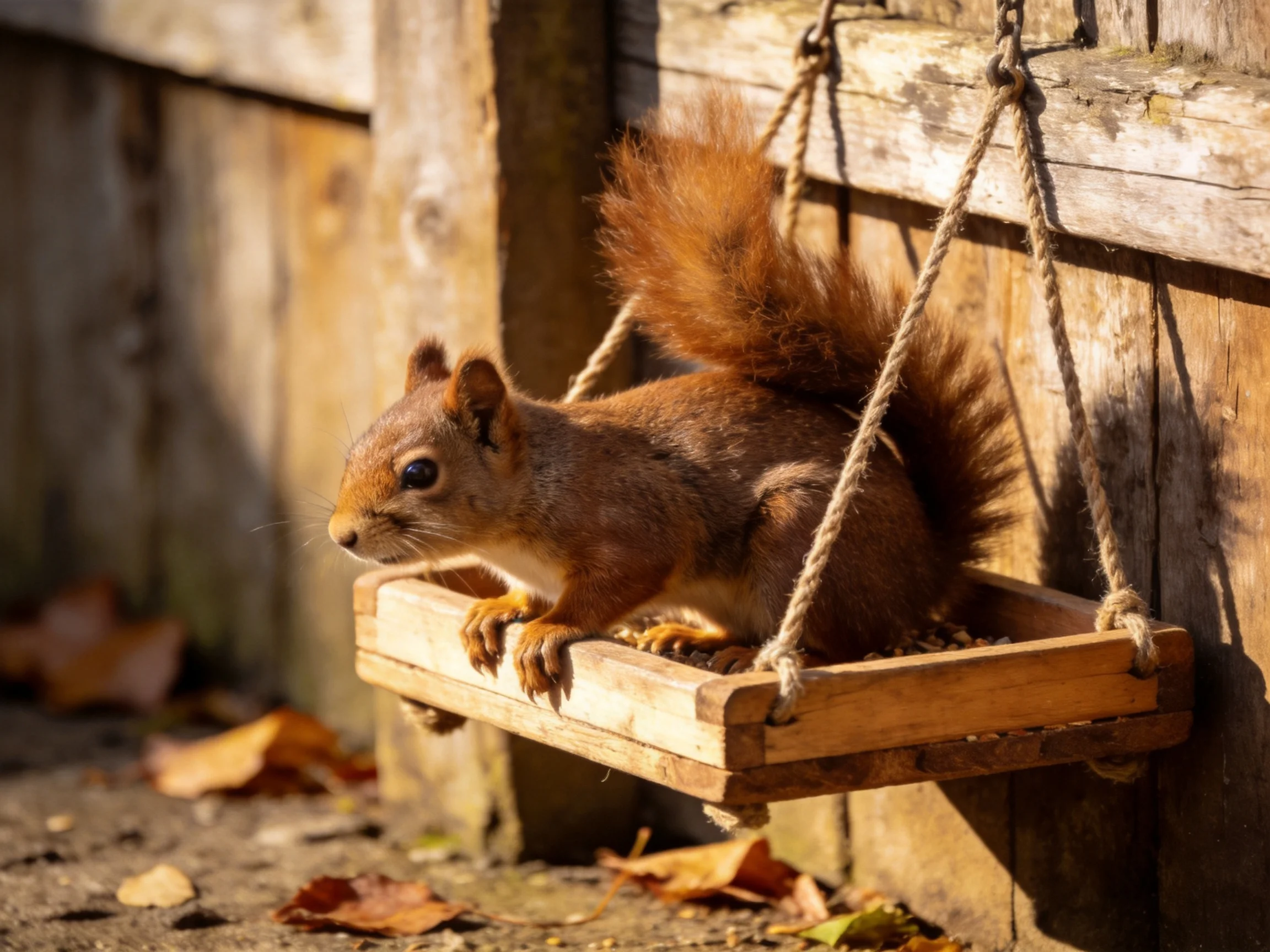 A reddish-brown squirrel sits on a hanging wooden feeder outdoors.