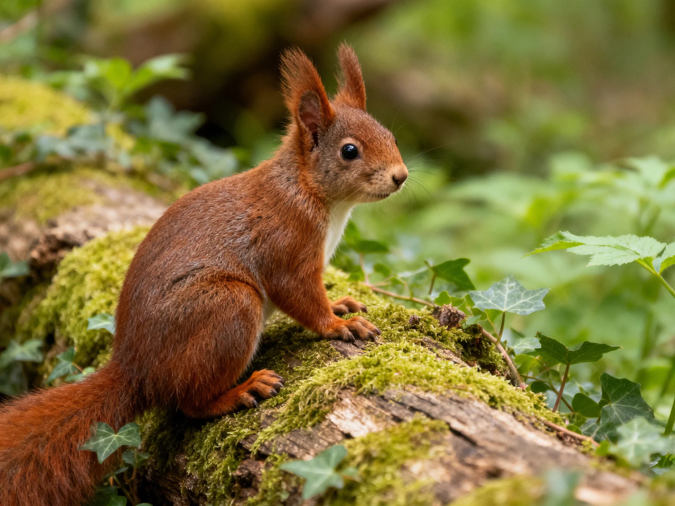 A reddish-brown squirrel perched on a moss-covered fallen tree trunk