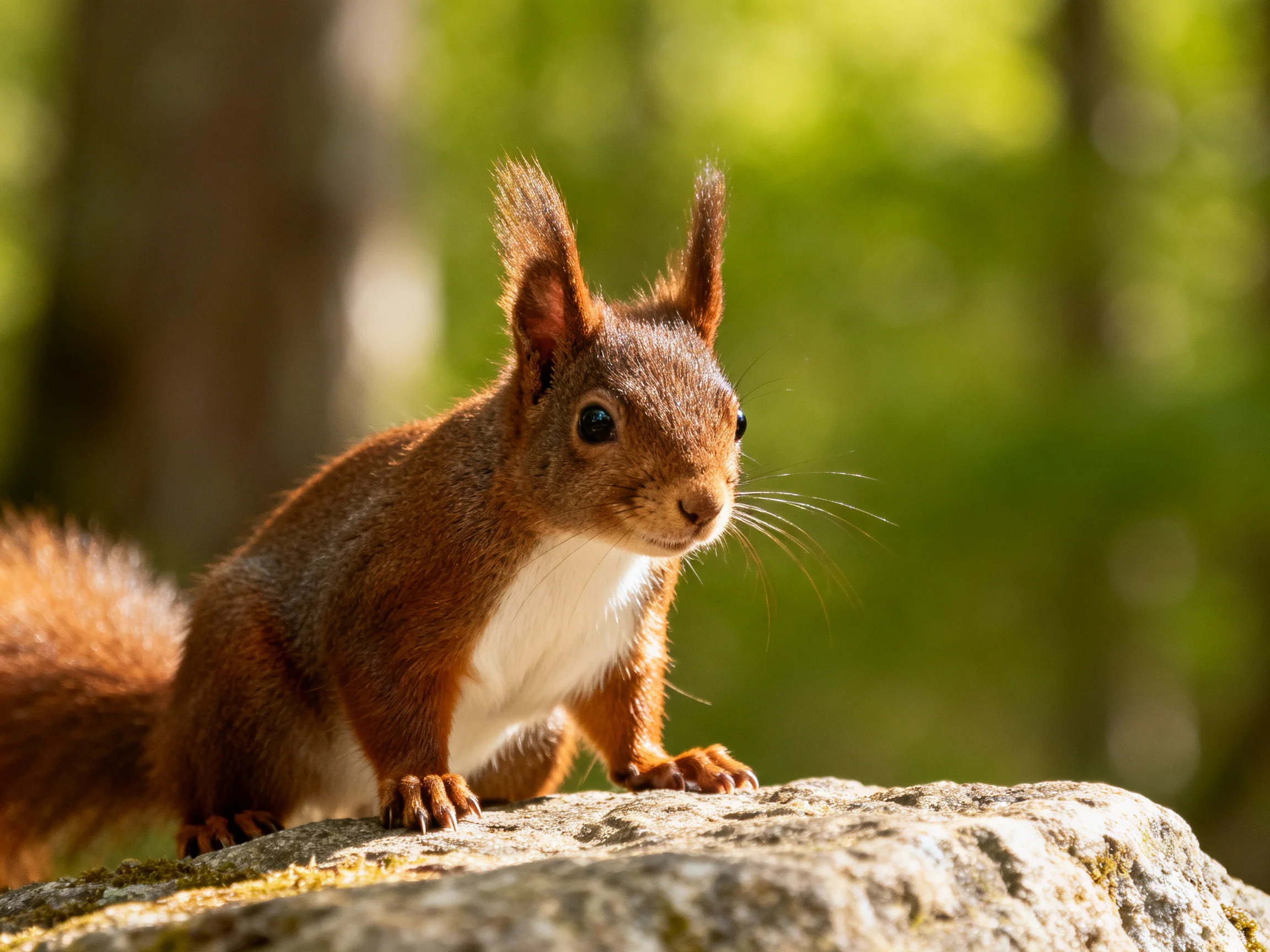 A reddish-brown squirrel sits on a mossy rock in a sunlit forest.