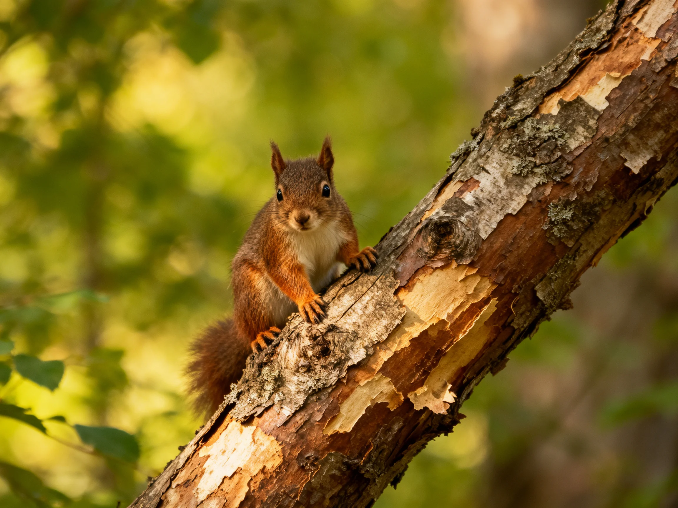 A reddish-brown squirrel rests on a textured tree branch in a sunlit forest.