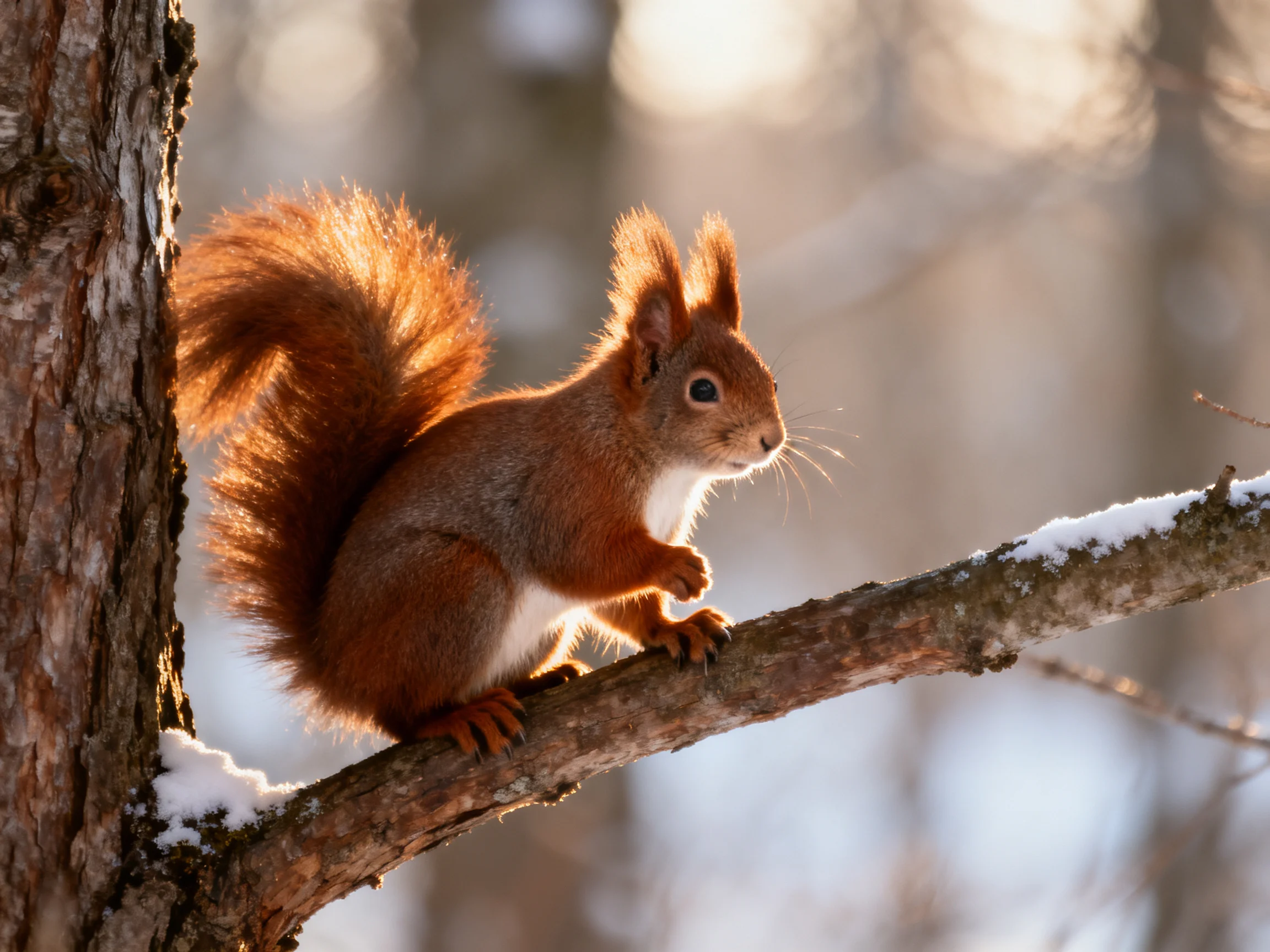 A red squirrel sits on a snow-dusted tree branch in a sunlit forest.