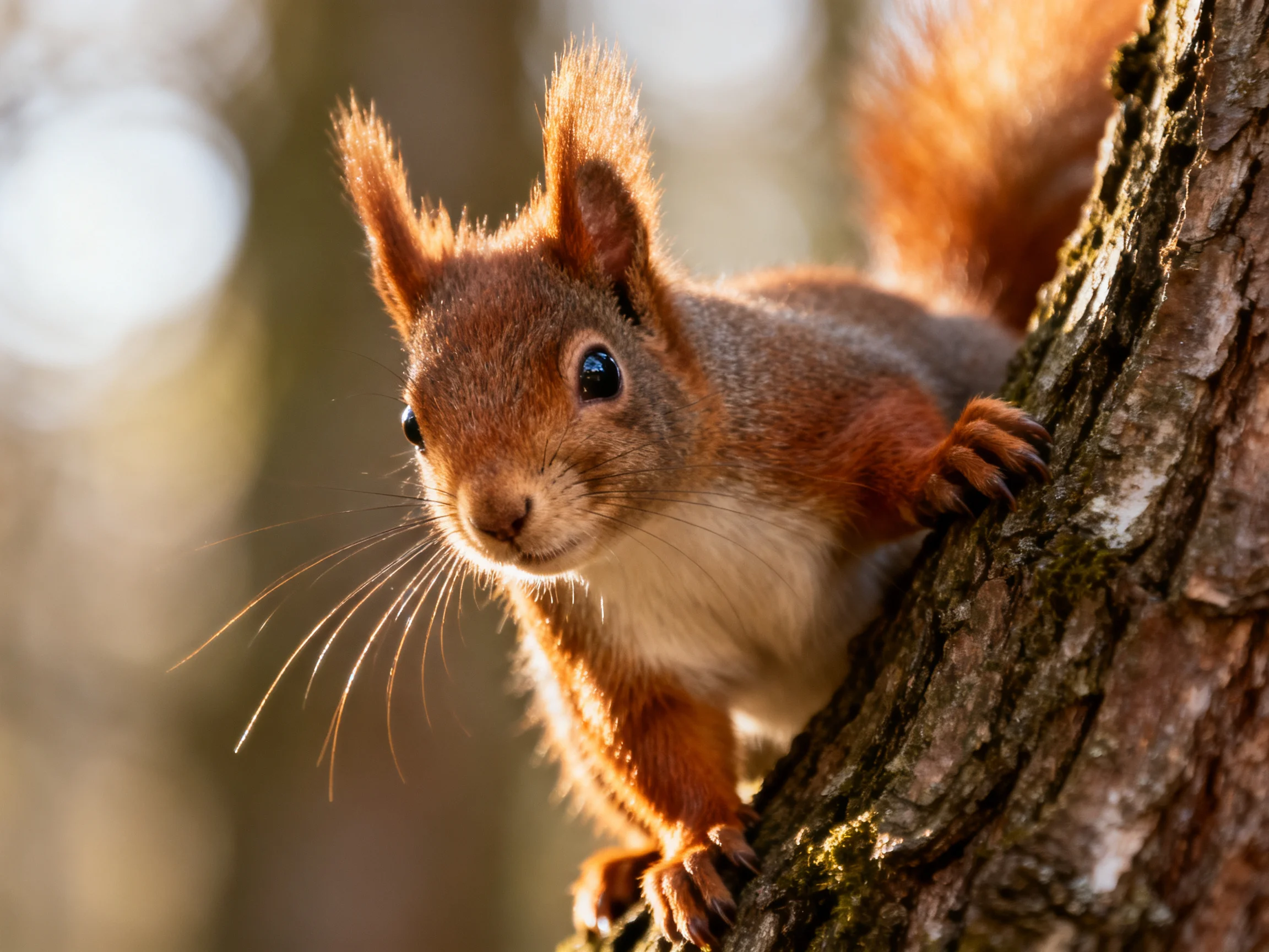 A reddish-brown squirrel clings to a tree trunk in a sunlit forest.