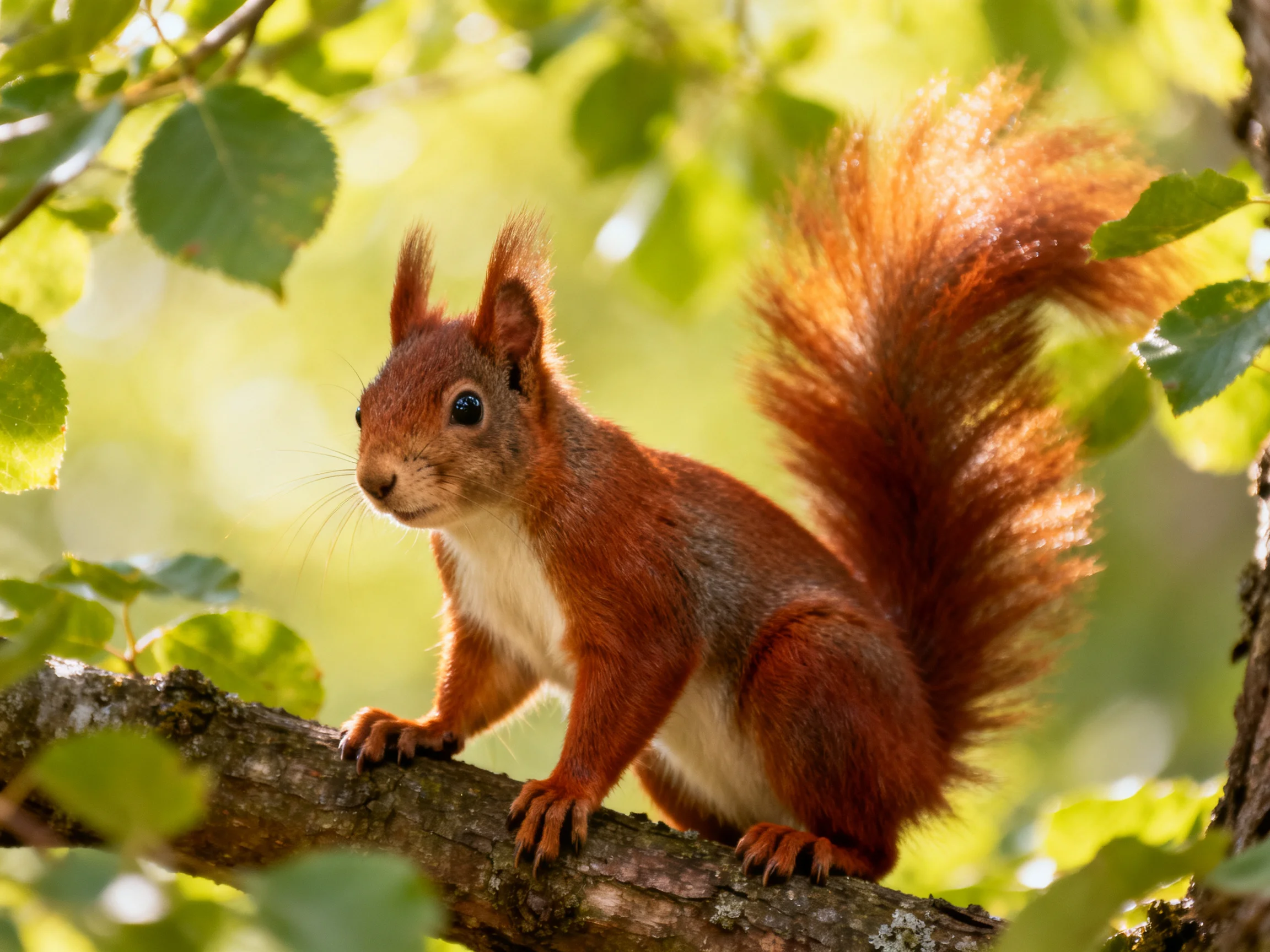 A red squirrel stands on a tree branch surrounded by green foliage.