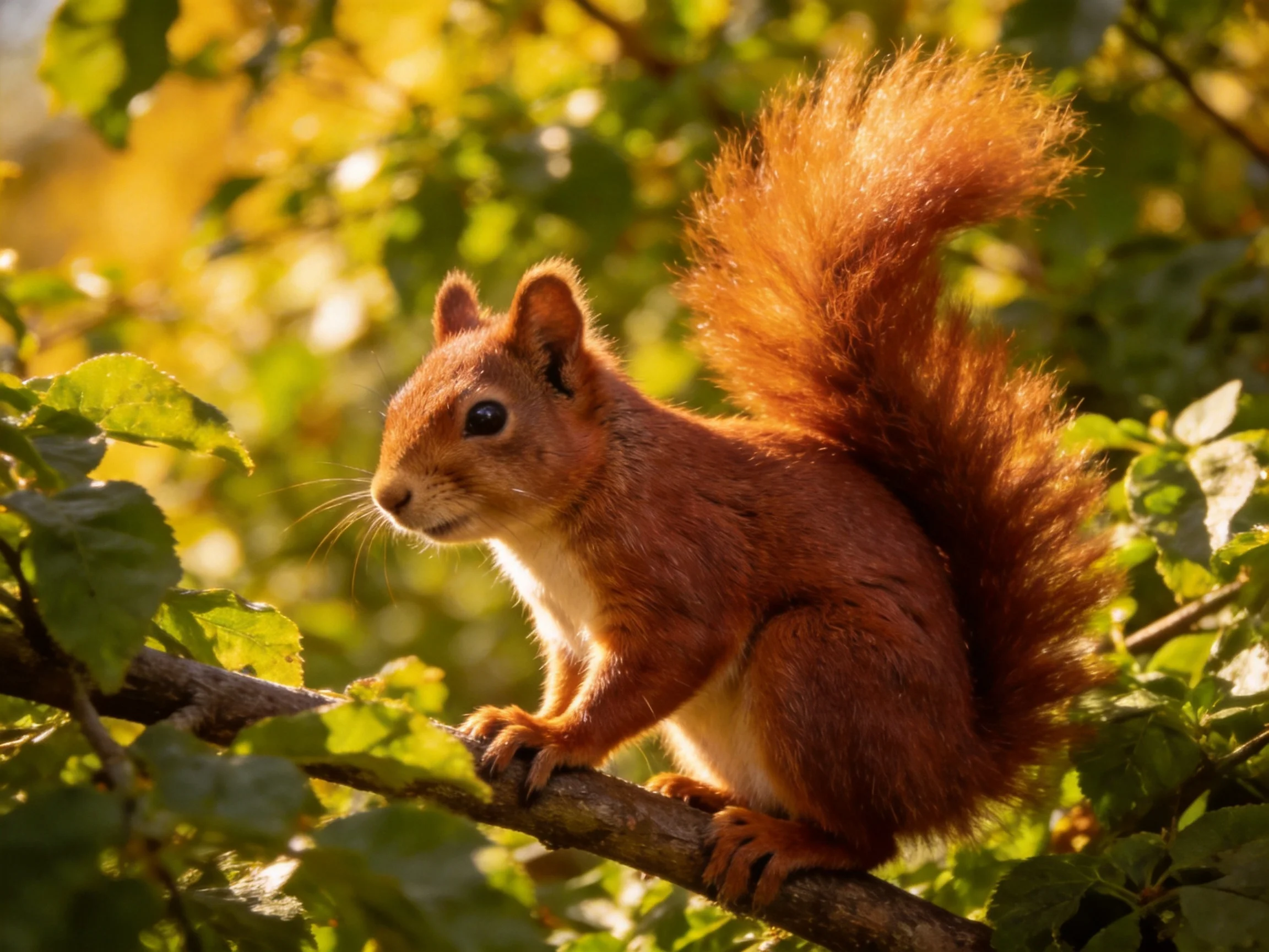 A reddish-brown squirrel perches on a tree branch in a sunlit, leafy environment.