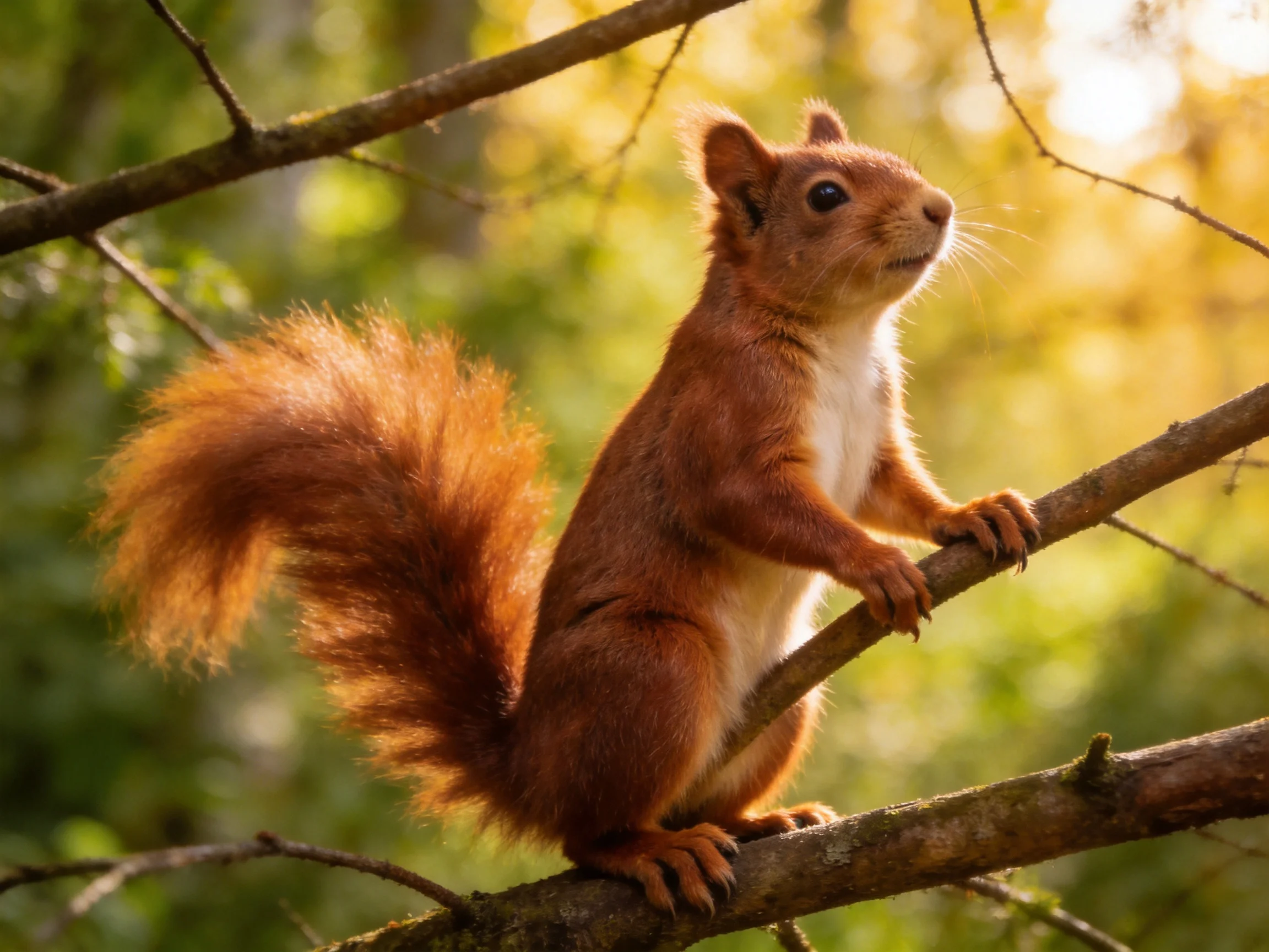 A reddish-brown squirrel perched on tree branches in golden sunlight