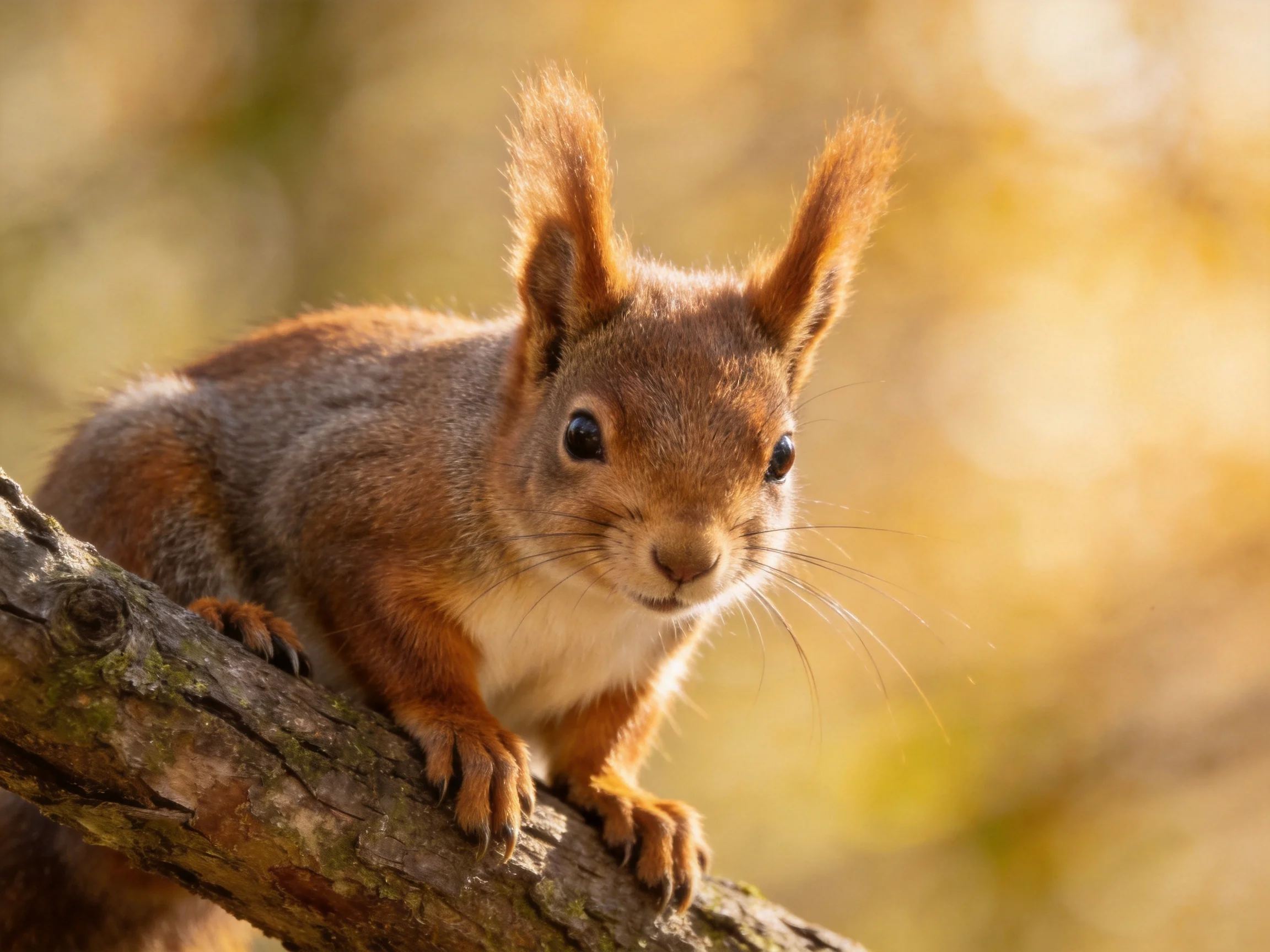 A reddish-brown squirrel perches on a moss-covered tree branch under golden sunlight