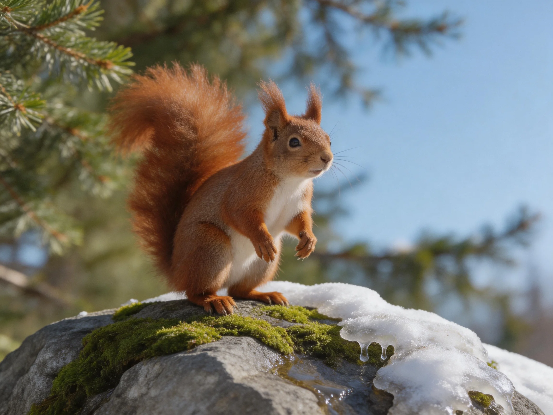 A red squirrel stands on a mossy rock with snow nearby in a forest setting.