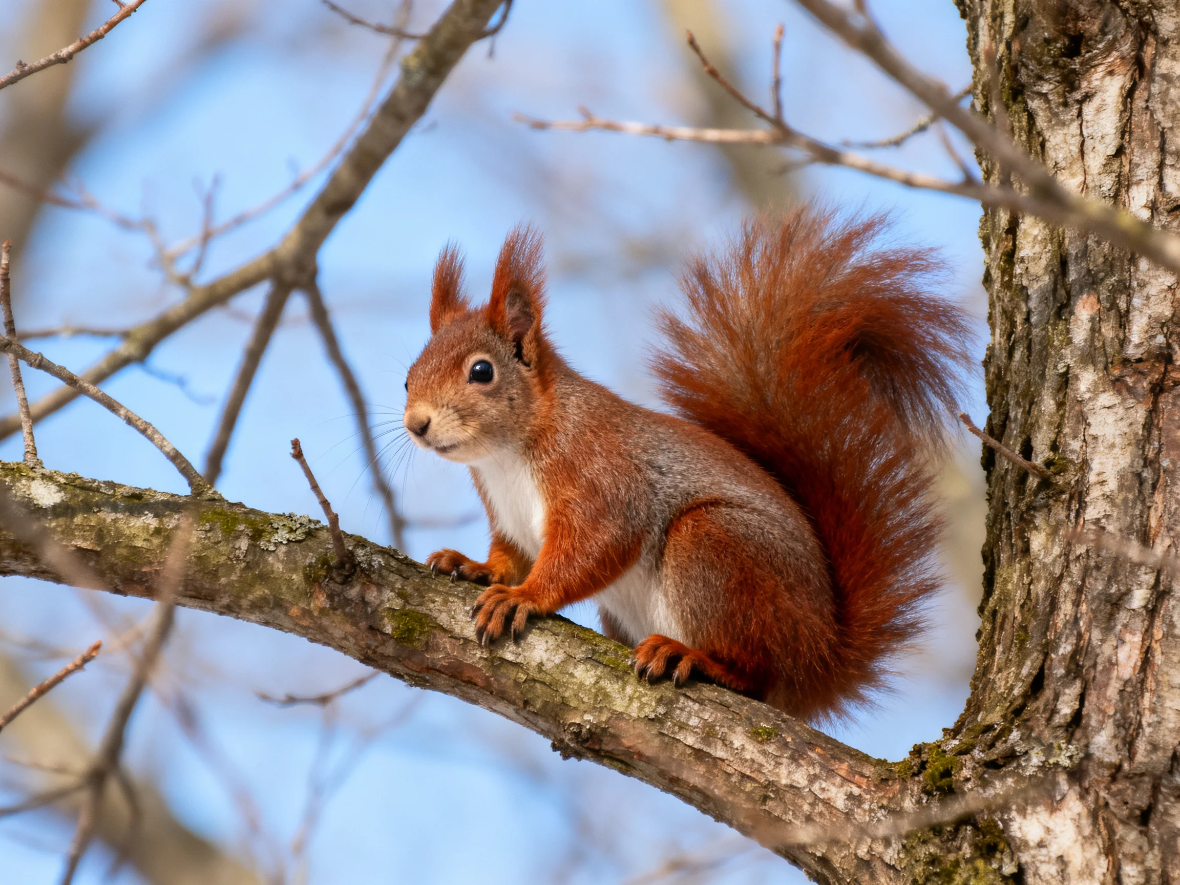 A red squirrel rests on a tree branch in a natural setting
