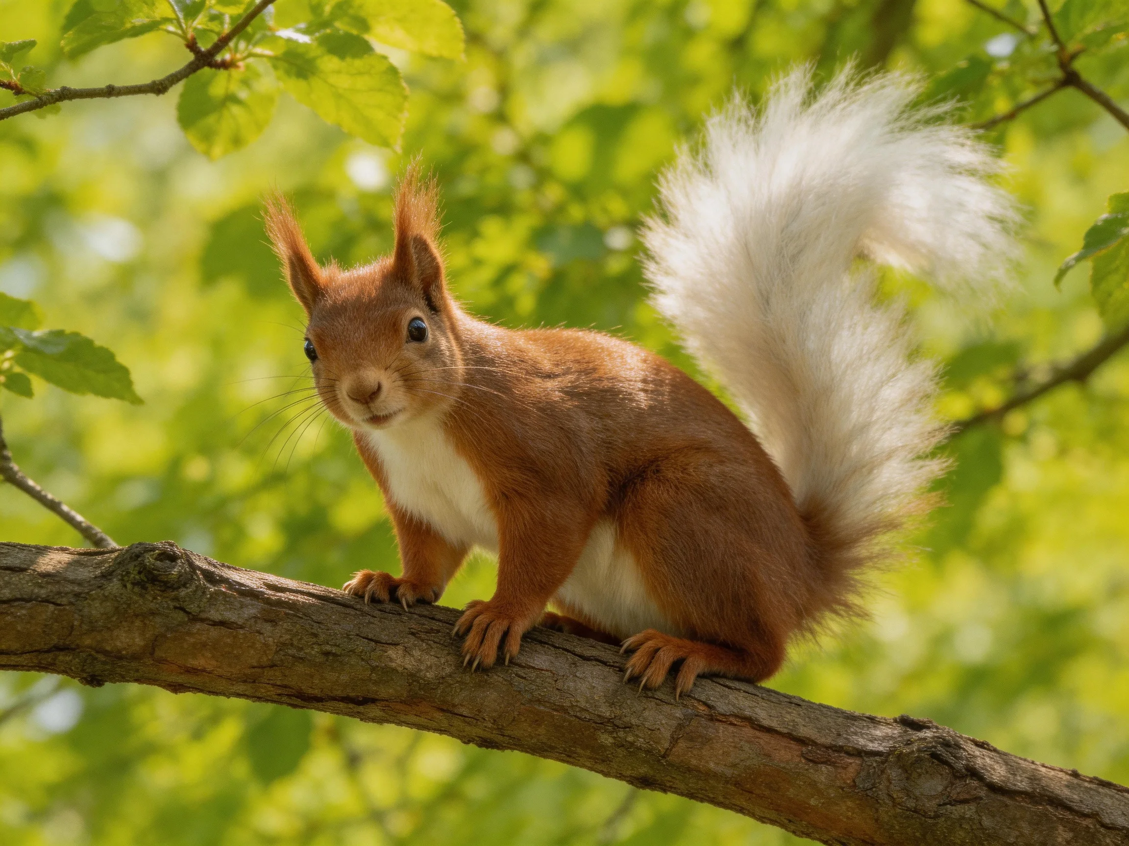 A reddish-brown squirrel sits on a tree branch in a sunlit, leafy environment