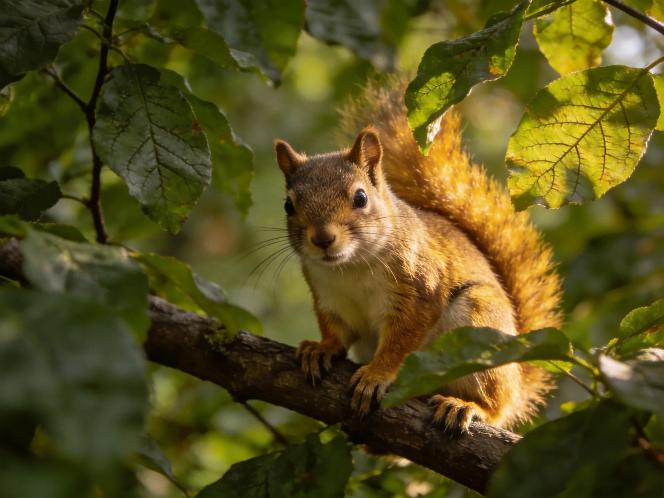 A reddish-brown squirrel perches on a tree branch amid lush green foliage