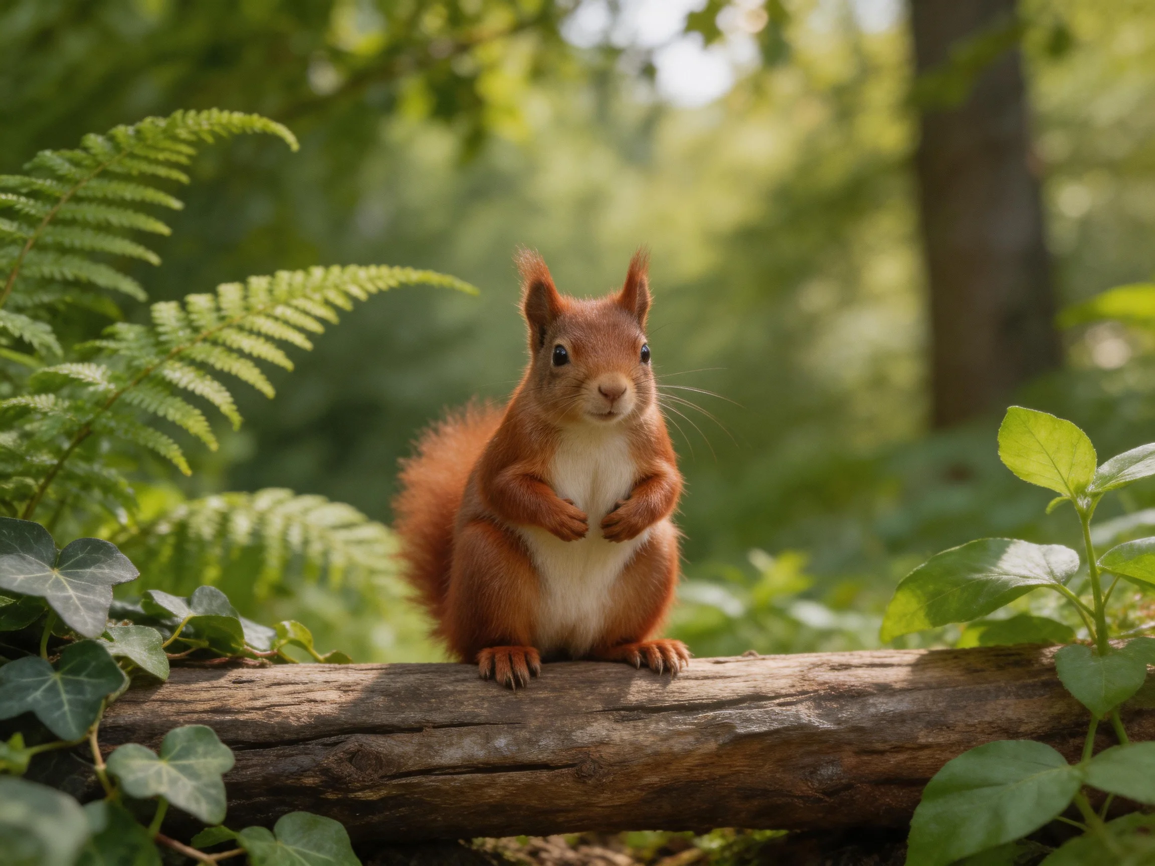 A reddish-brown squirrel perches on a weathered log amidst dense green foliage