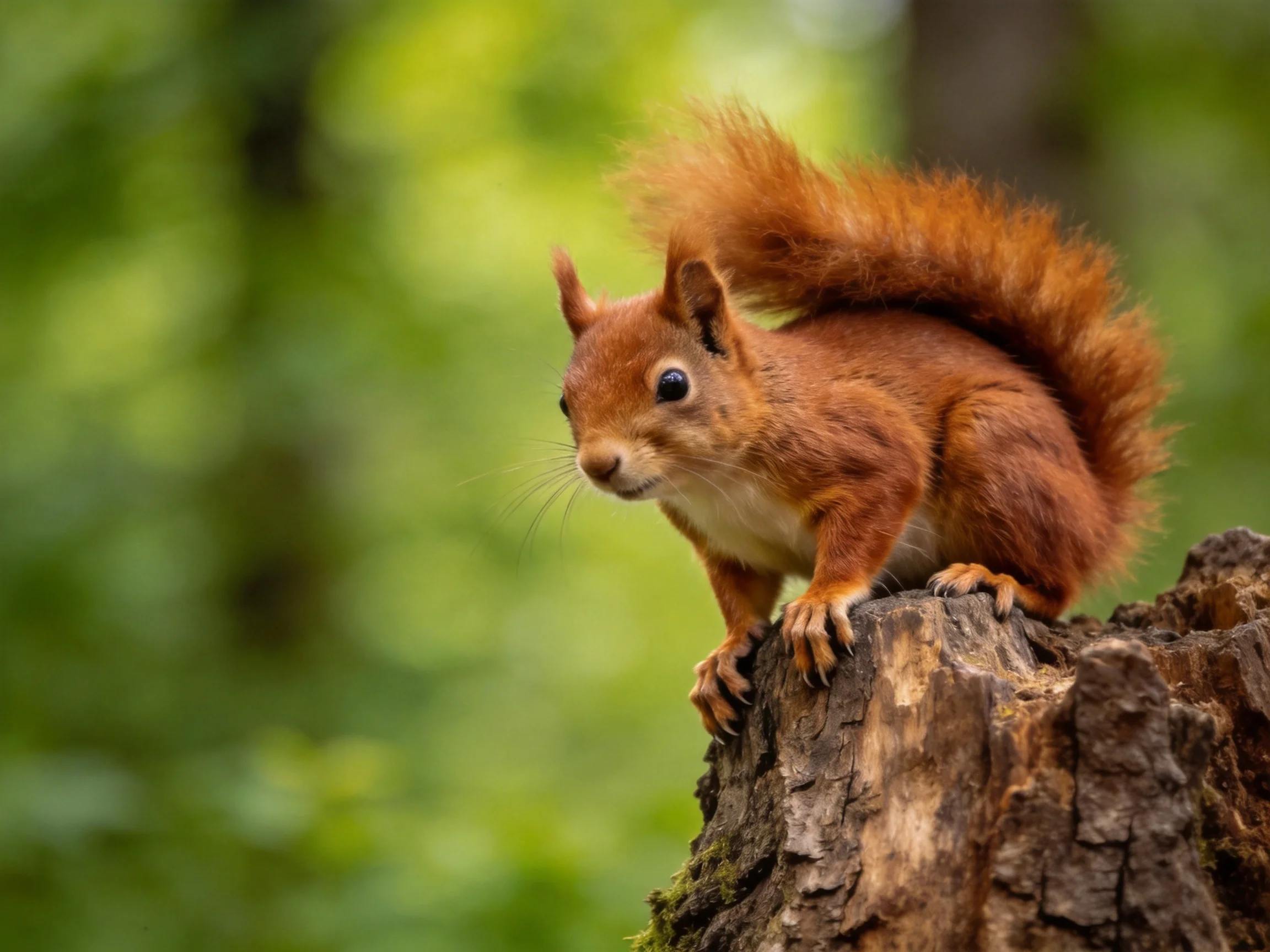 A reddish-brown squirrel perches on a weathered tree stump in a verdant forest