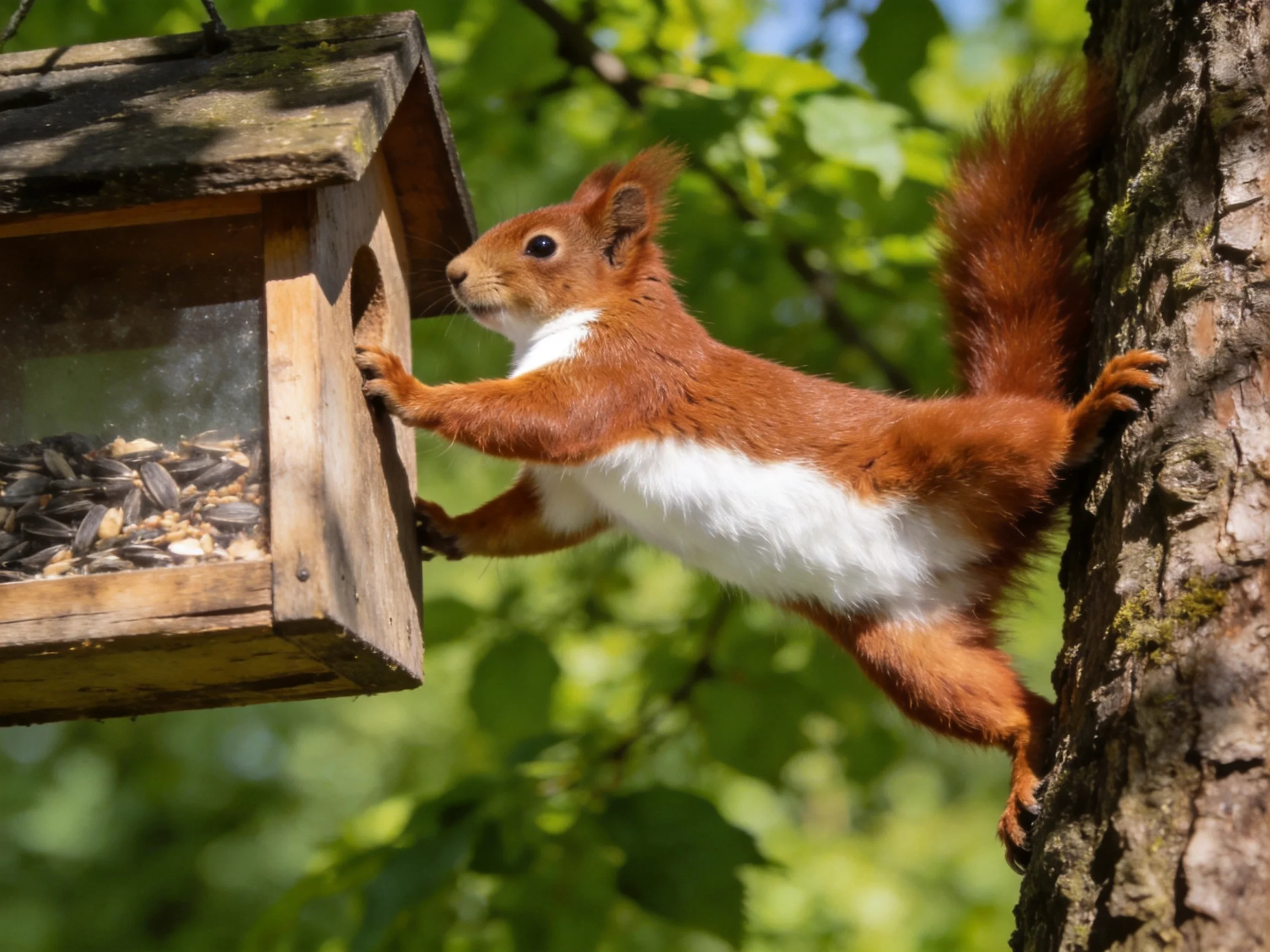A reddish-brown squirrel reaches for seeds in a wooden bird feeder near a tree
