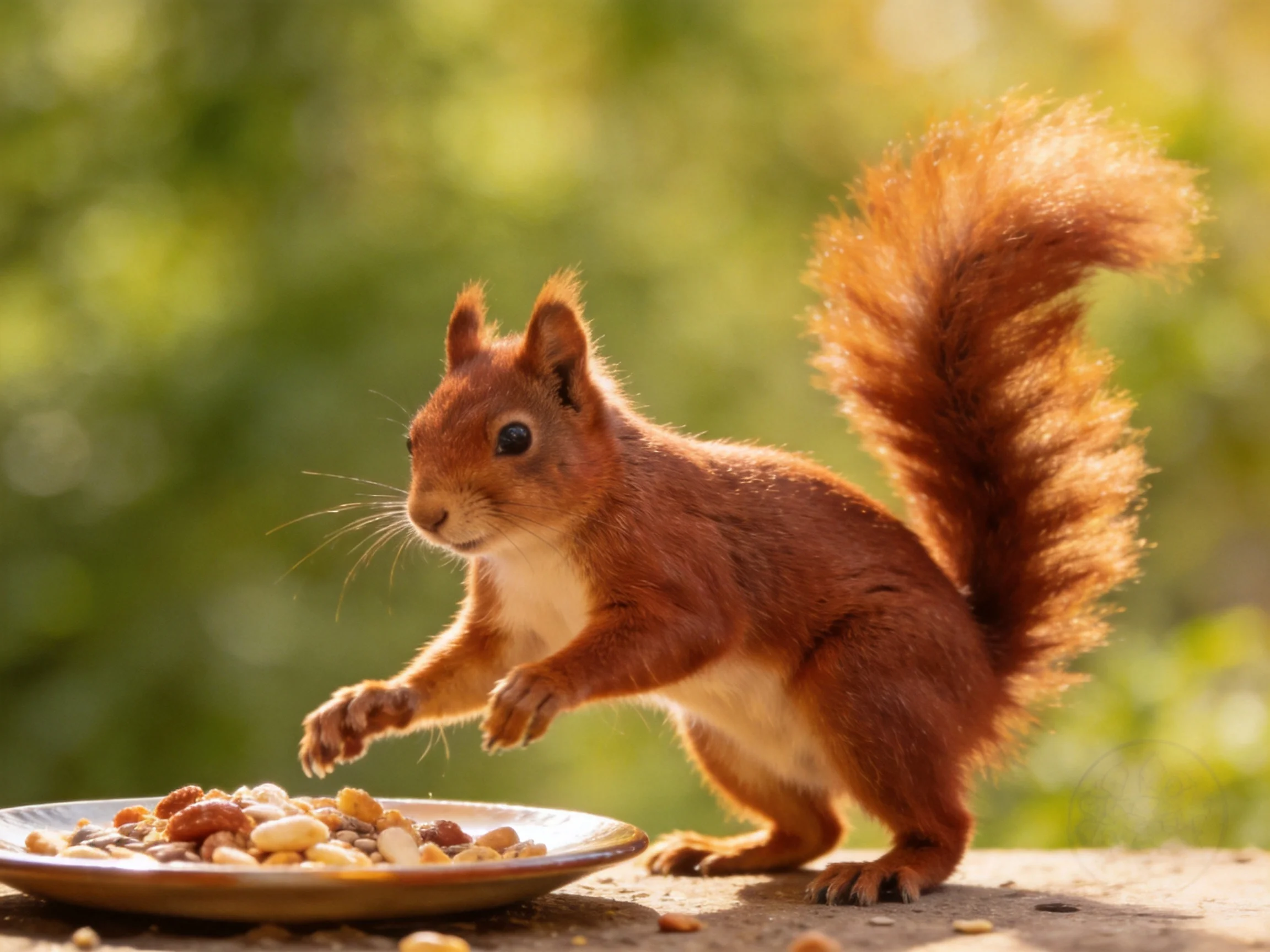 A red squirrel reaches for nuts from a plate in an outdoor setting.