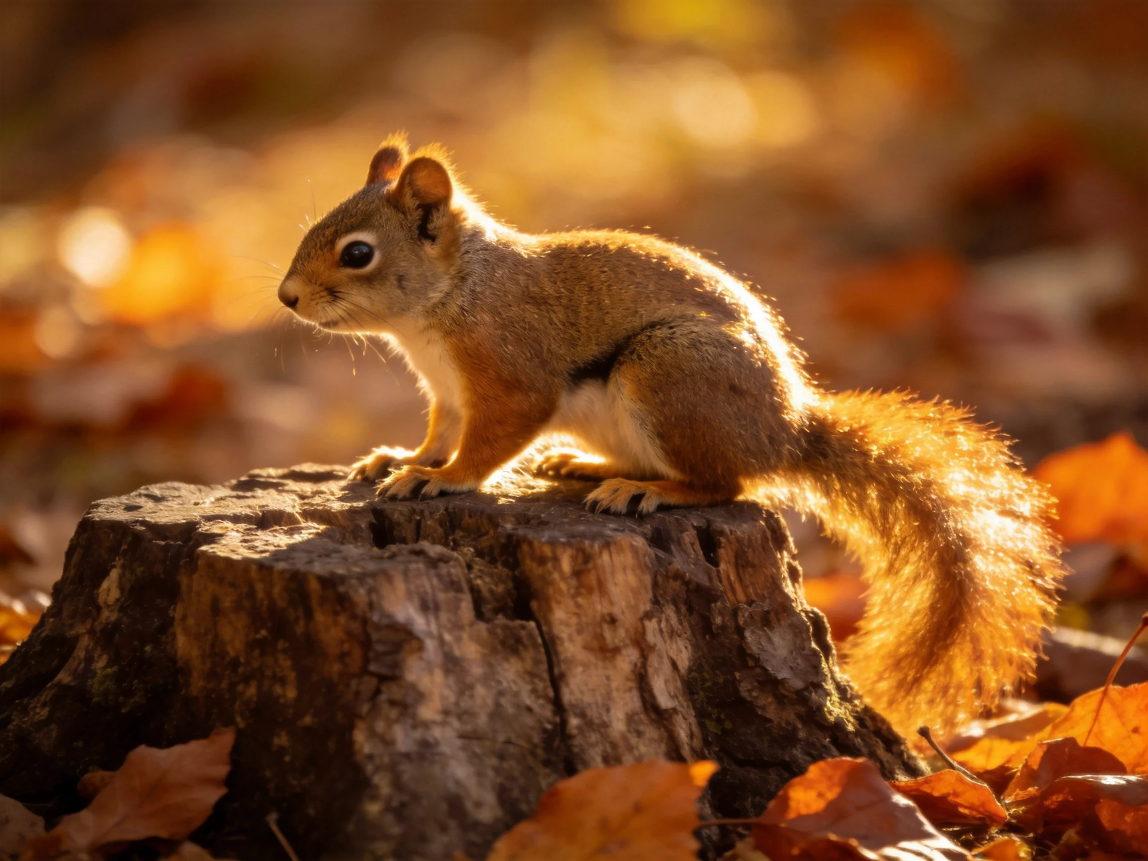 A squirrel sits on a tree stump in a sunlit autumn setting.