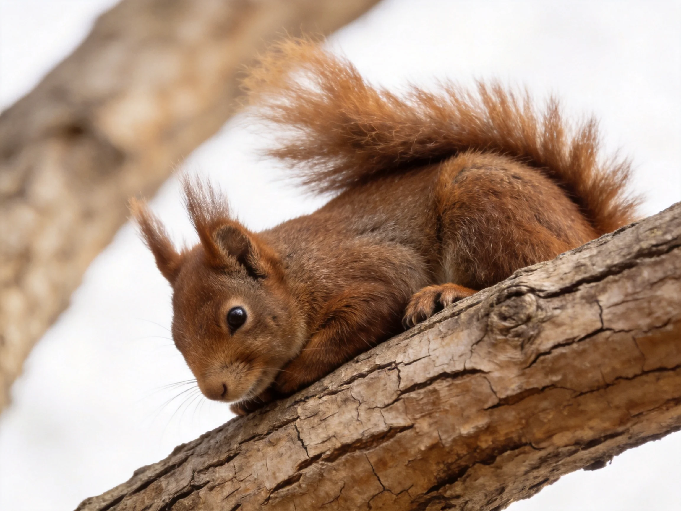 A reddish-brown squirrel rests on a textured tree branch