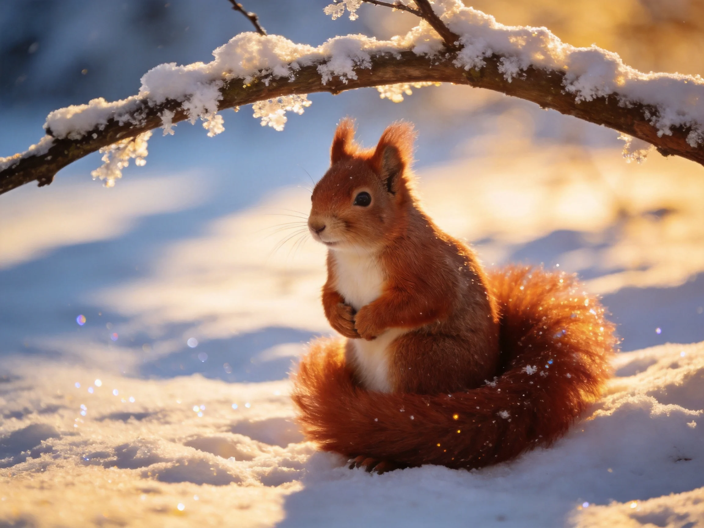 A reddish-brown squirrel sits beneath a snow-draped branch in a wintry landscape