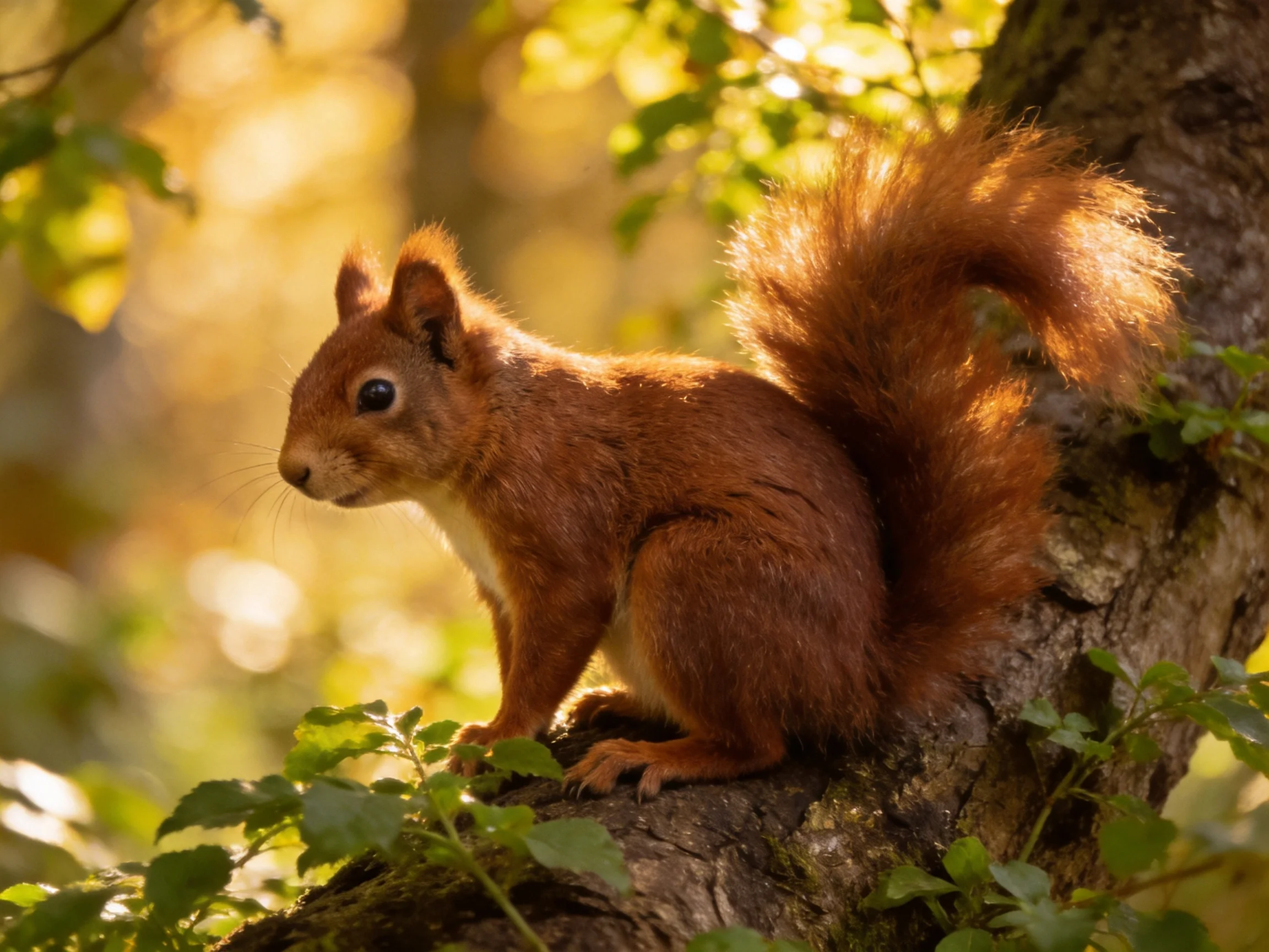 A reddish-brown squirrel sits on a moss-covered tree trunk amid sunlit foliage