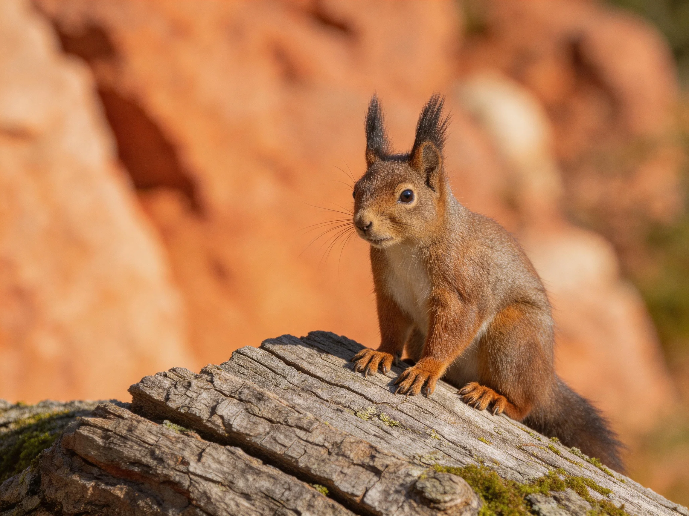 A squirrel sits on a weathered log with orange-hued rock formations.