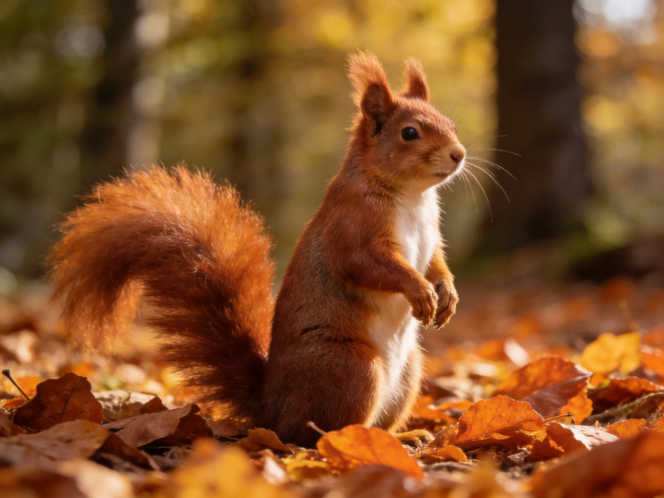 A reddish-brown squirrel standing among autumn leaves