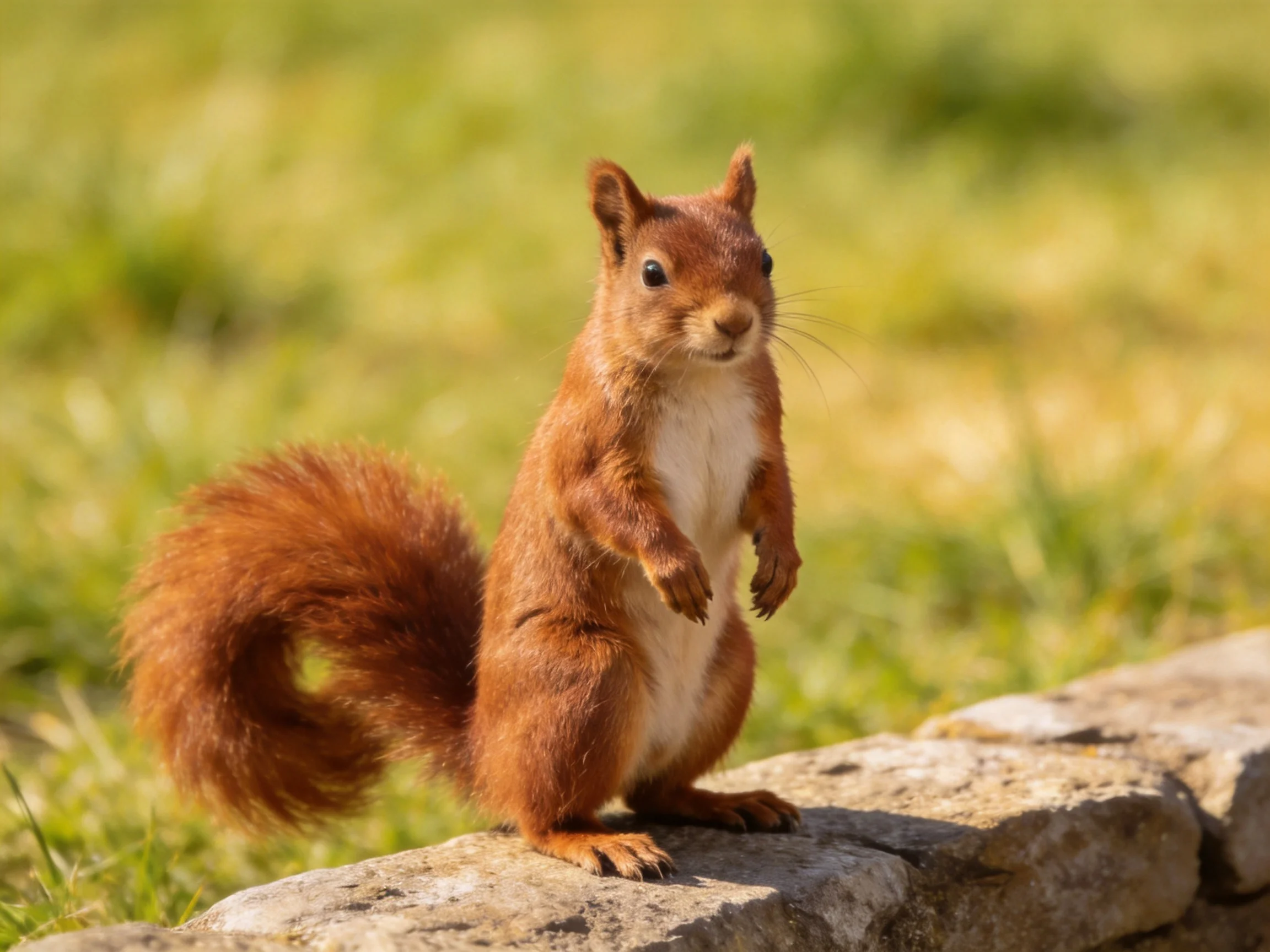 A reddish - brown squirrel stands alert on a stone ledge