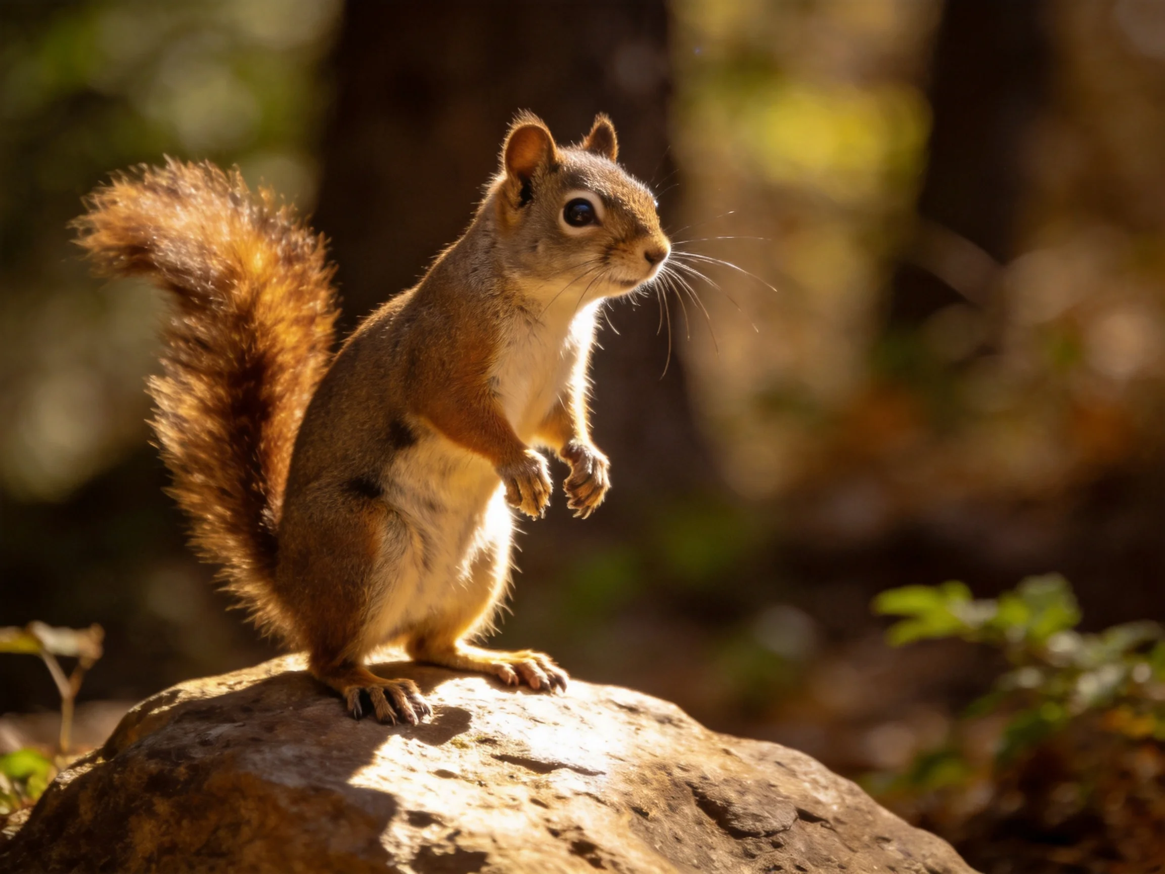 A squirrel stands alert on a sunlit rock amid a forest setting.
