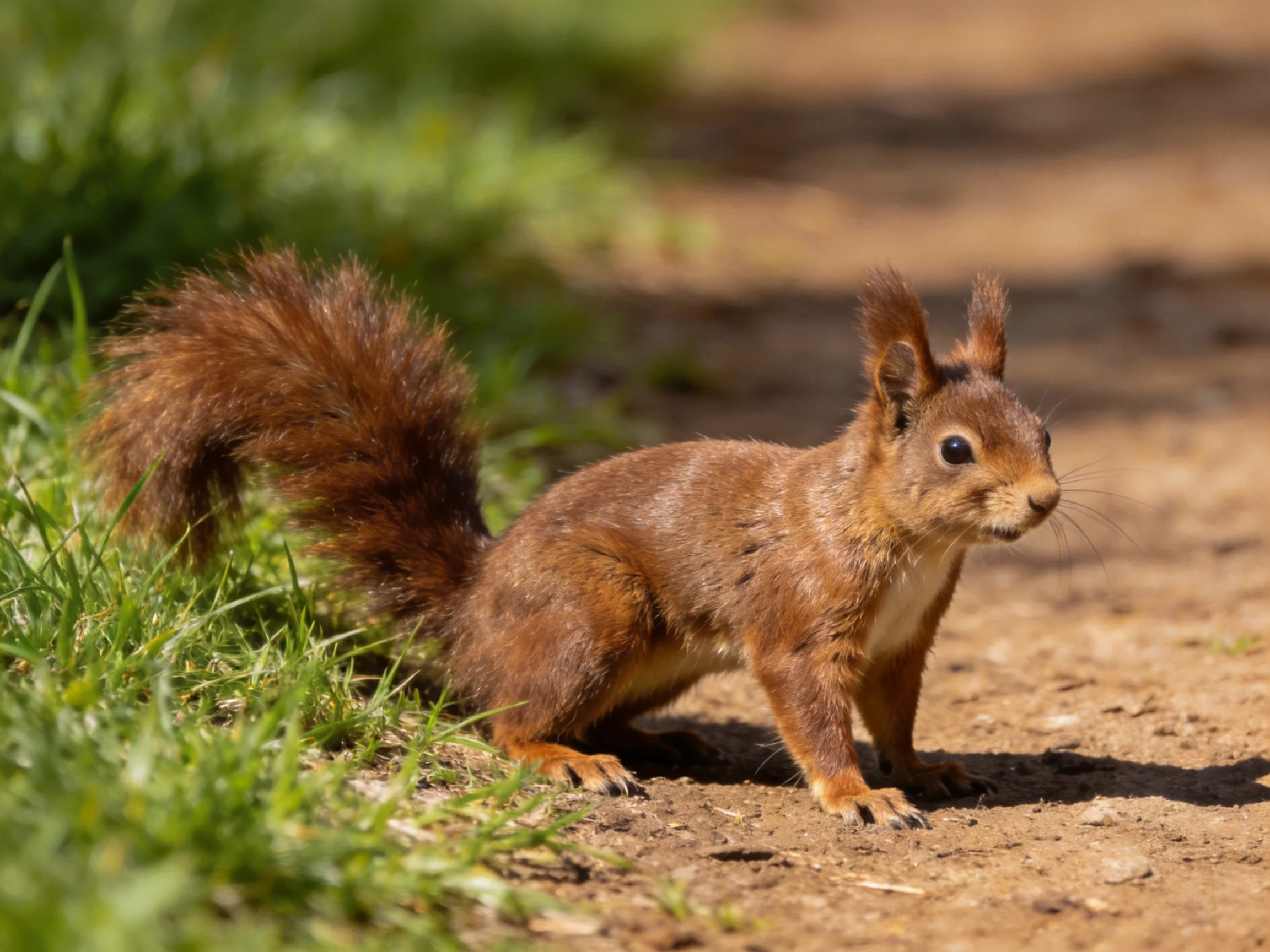 A reddish-brown squirrel stands near green grass and a dirt path