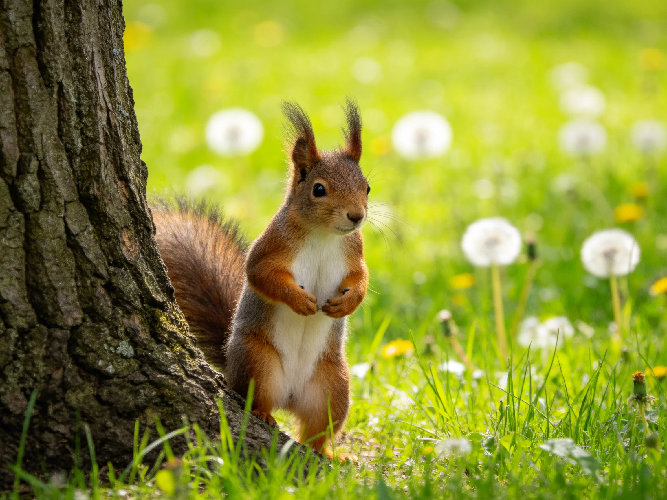 A squirrel stands by a tree in a sunlit meadow with dandelions