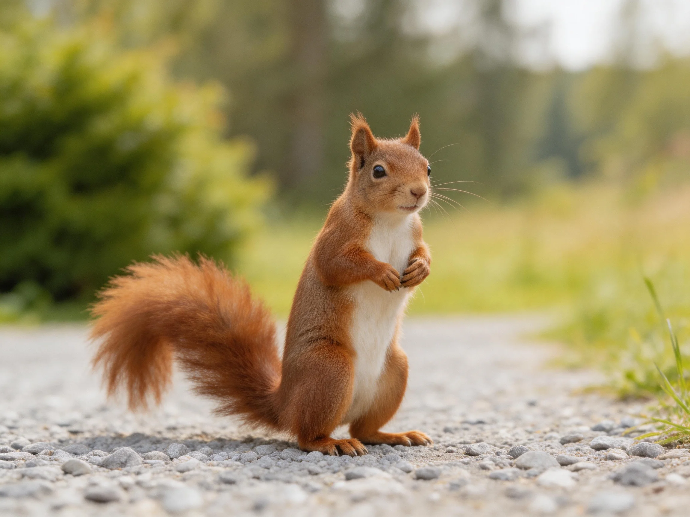 A reddish-brown squirrel stands upright on a gravel path in nature.