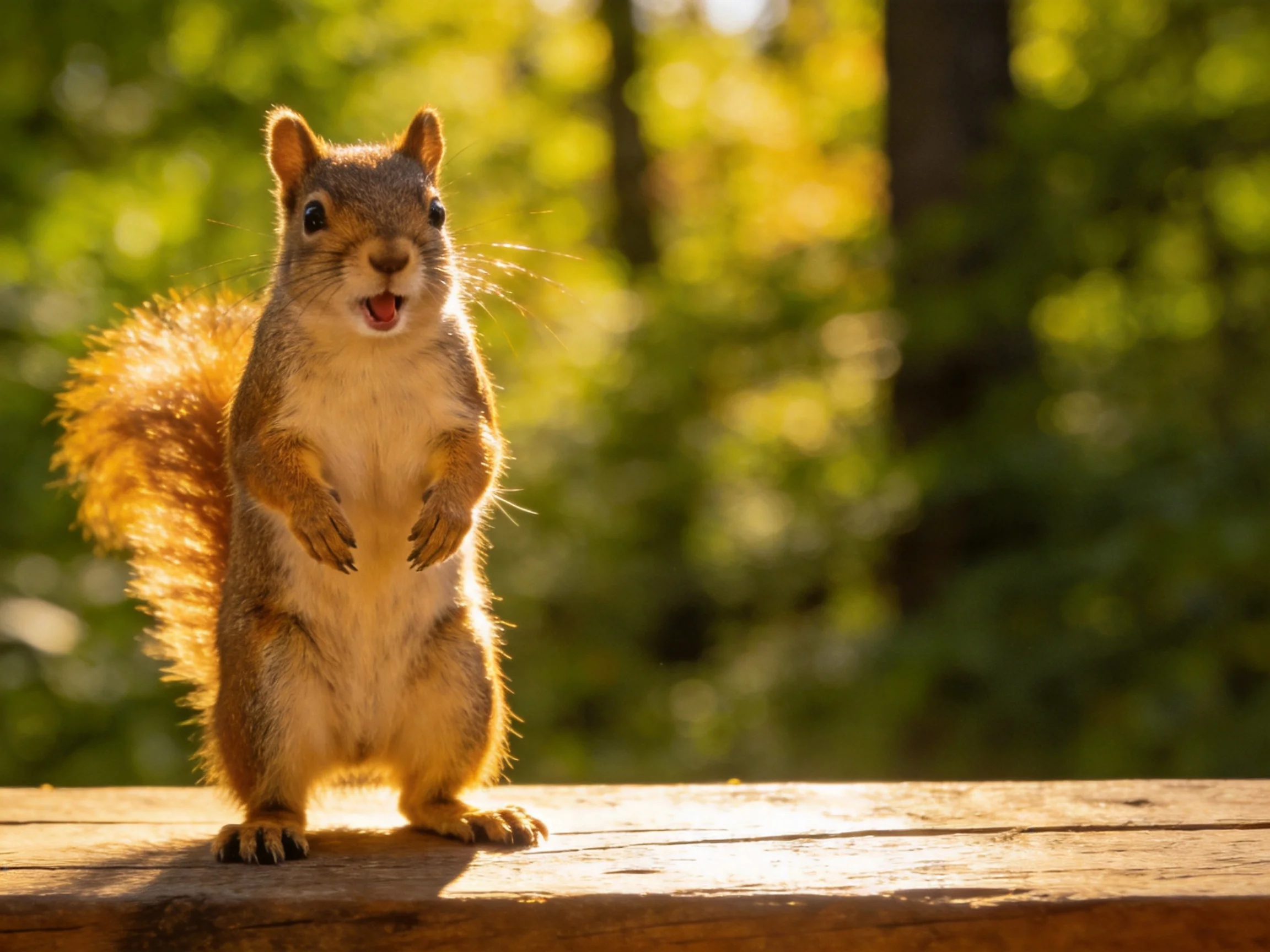 A squirrel stands on a wooden surface in sunlight.