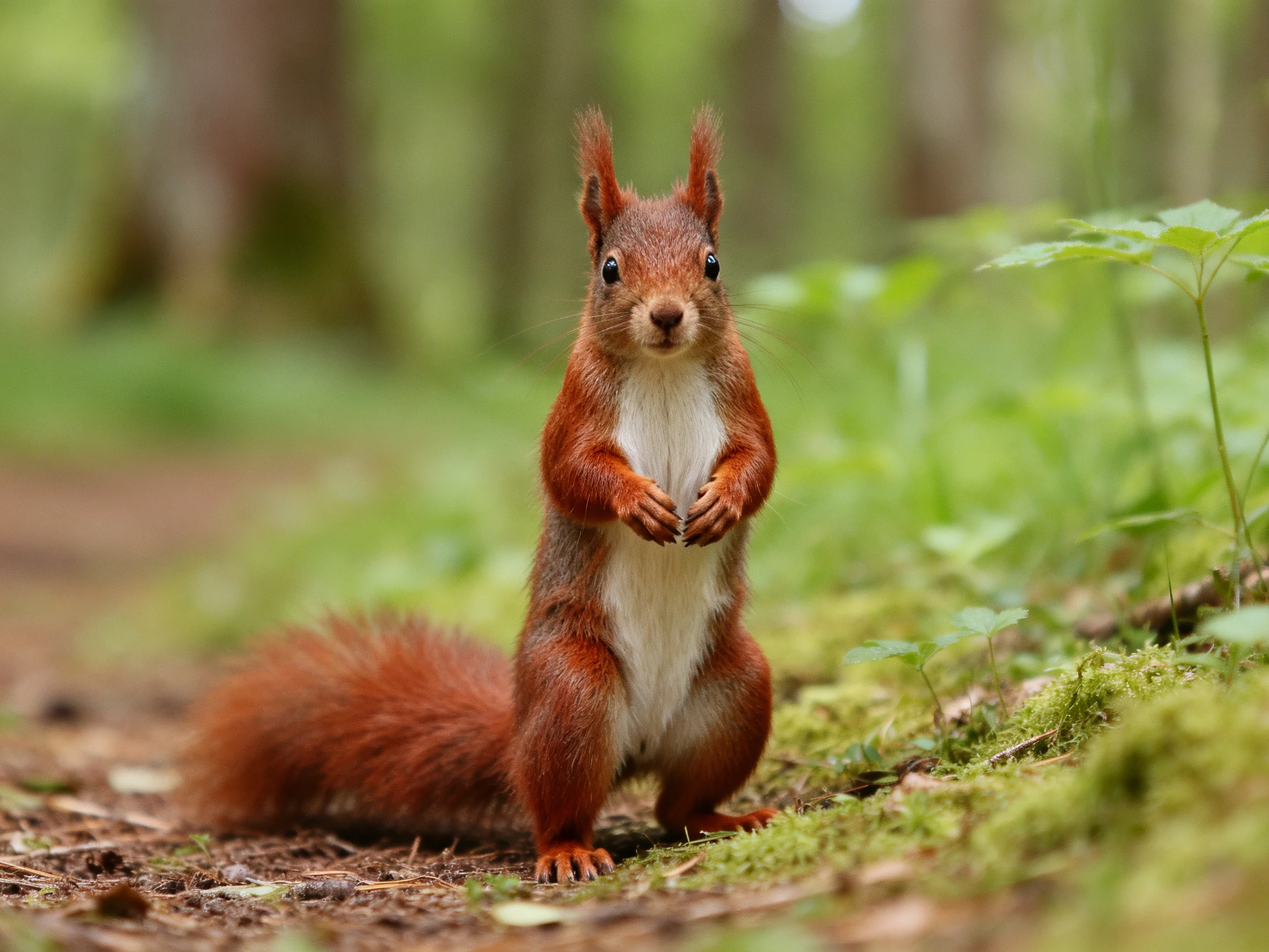 A red squirrel stands upright on moss in a sunlit forest.