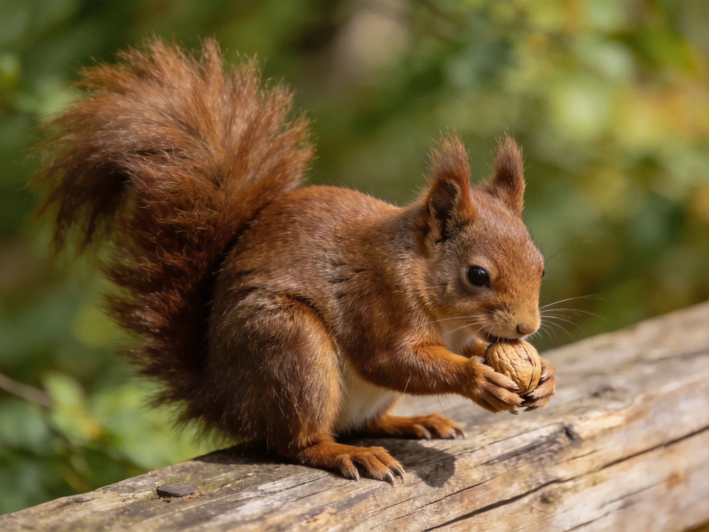 A reddish-brown squirrel with a bushy tail holds a walnut on a weathered wooden log