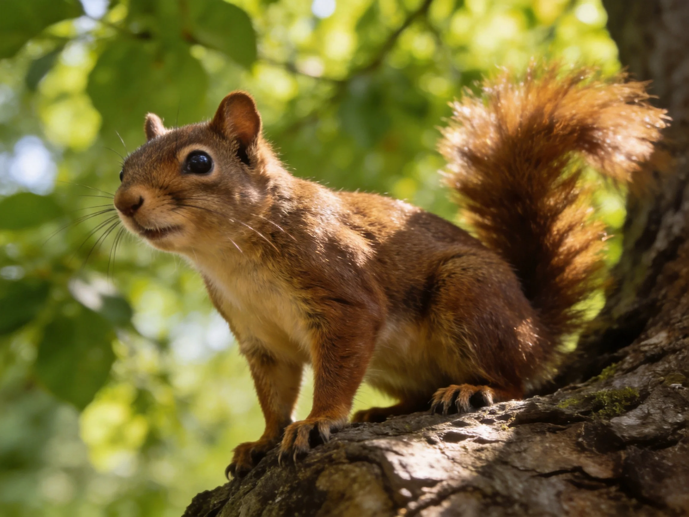 A reddish-brown squirrel with a bushy tail perches on a textured tree trunk