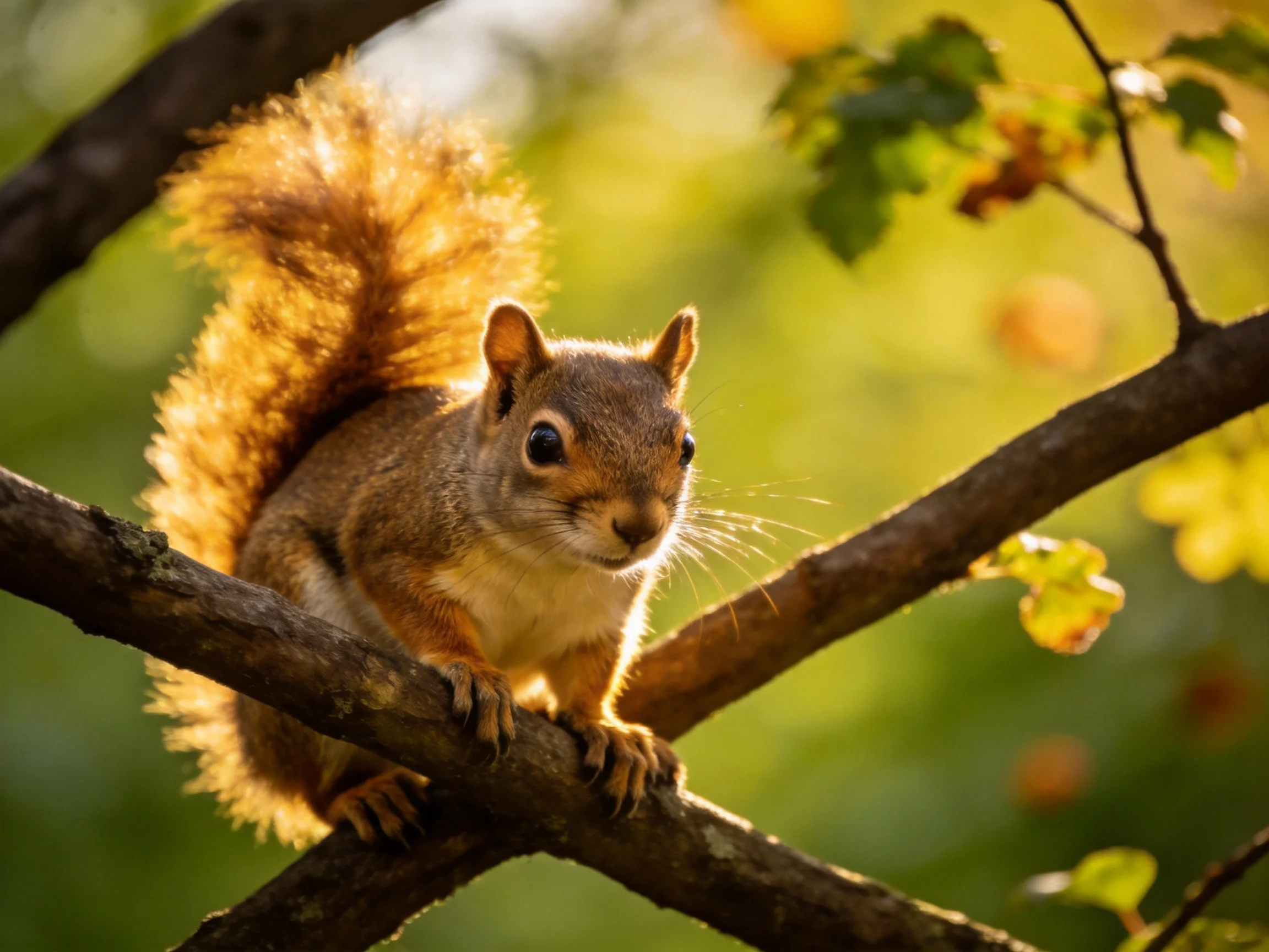 A reddish-brown squirrel with a bushy tail perches on tree branches in golden light